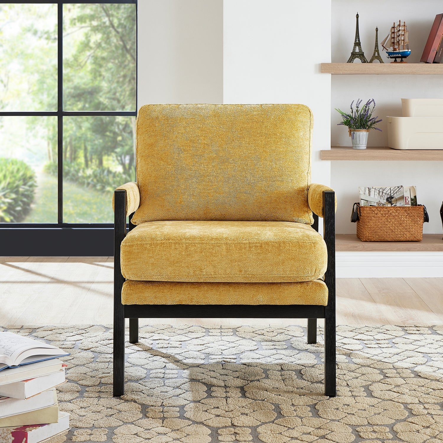 Roundhill Furniture Kelly Mid Century Modern Chenille Upholstered Accent Armchair - Stylish Living Room Chair for Home Office, Lounge & Reading Nook