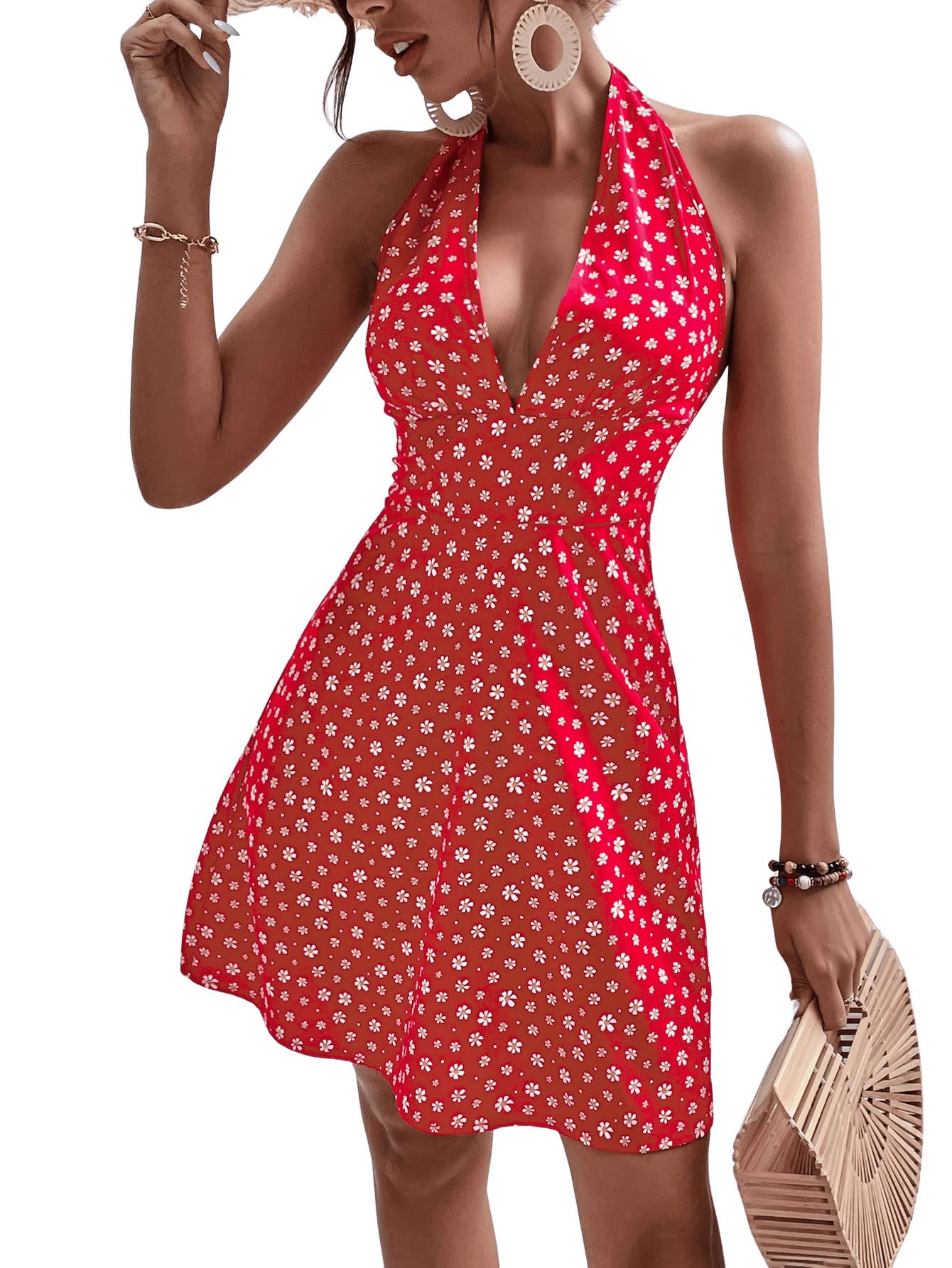 SweatyRocks Women's Floral Boho Halter Dress - Sleeveless Backless A-Line Mini Summer Dress for Beach, Party & Vacation
