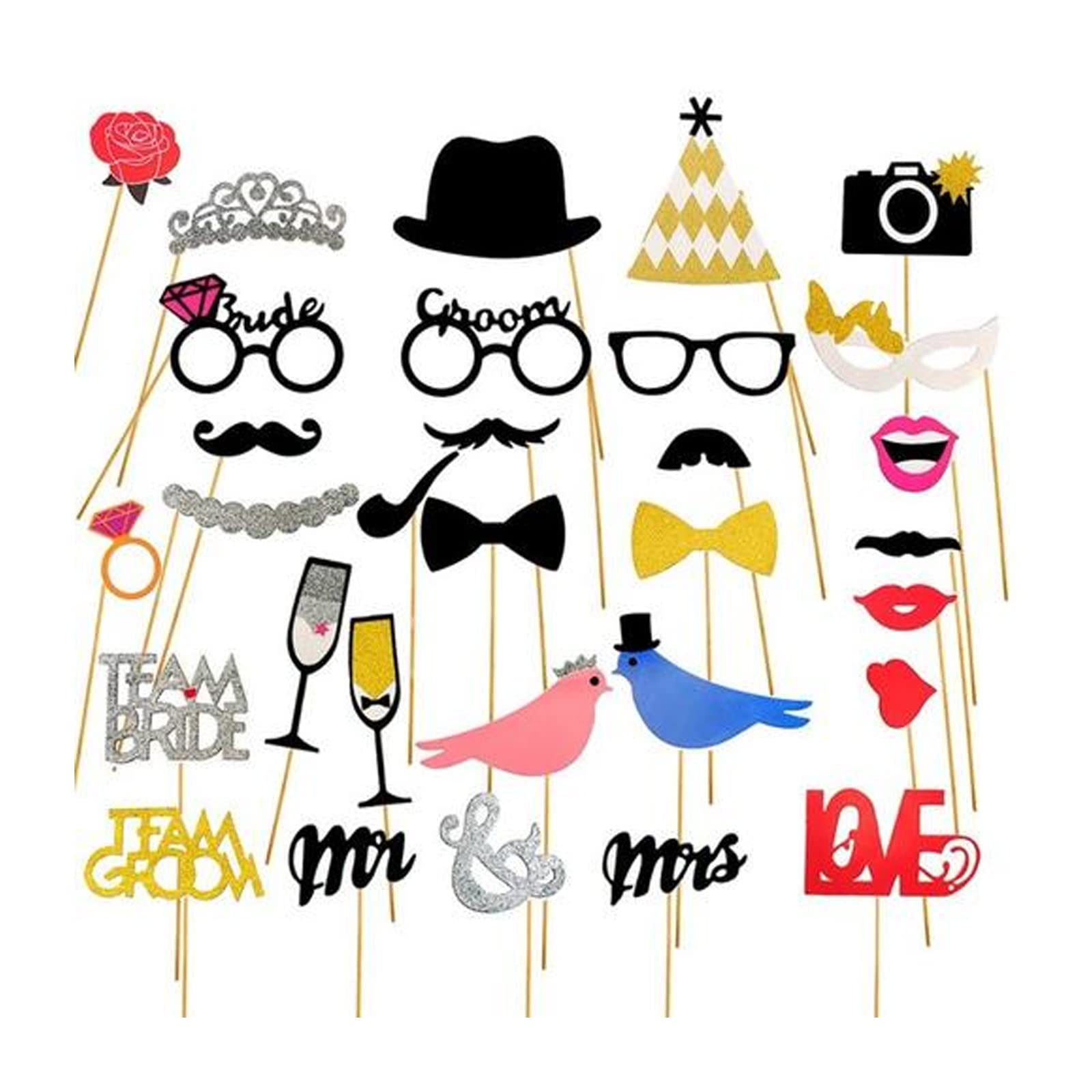 Andiker 31-Piece Wedding Photo Booth Props Kit - Funny Bridal Shower, Party & Valentine's Day Accessories with Wooden Sticks (Includes Ties, Hats, Mustaches) - Perfect for Bachelorette Parties, Anniversary Celebrations & Social Media Selfies