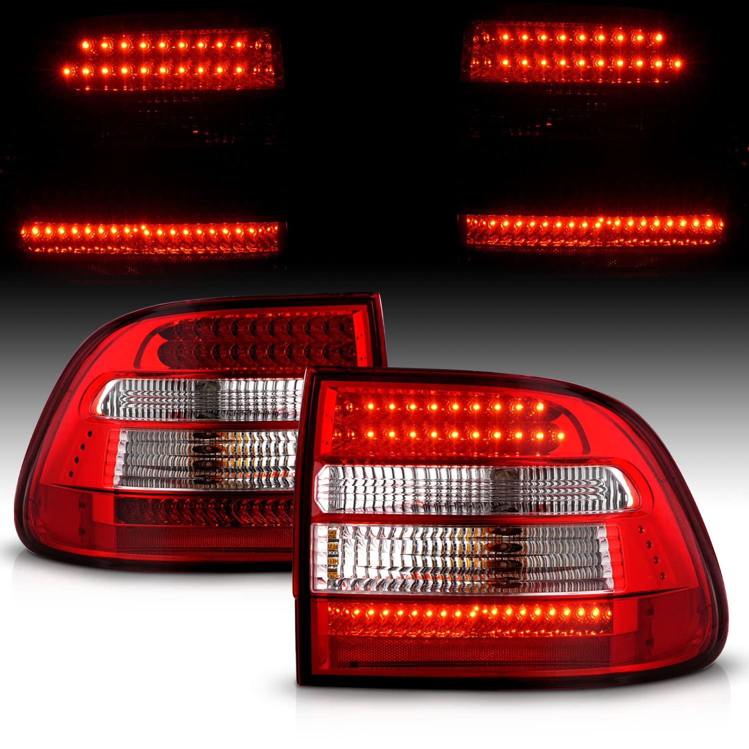 AmeriLite Red Clear LED Tail Lights Pair for Porsche Cayenne SUV - Left & Right Side Replacement - Enhance Visibility & Style for Night Driving & Car Shows