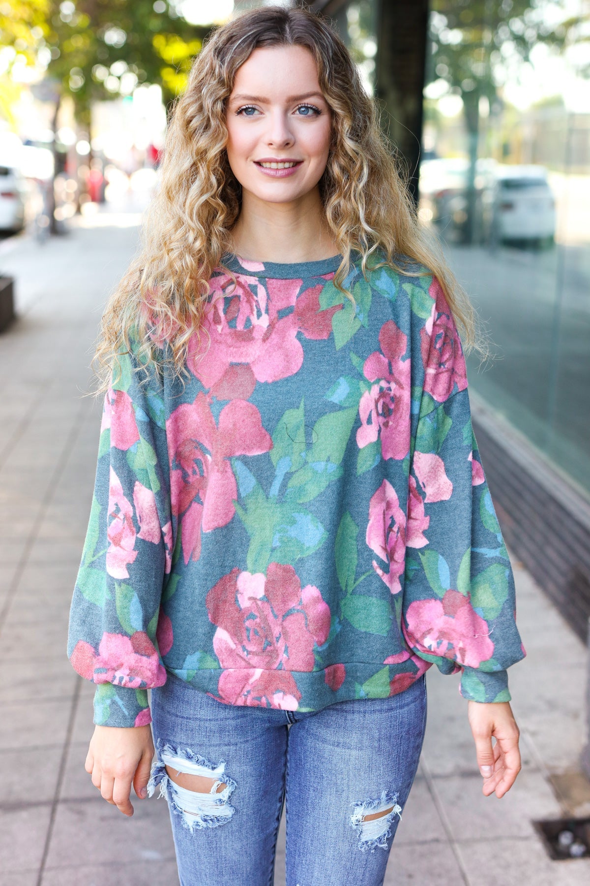 Everyday Hunter Green Floral Brushed Hacci Sweater Top for Women - Cozy Casual Knit Pullover for Fall & Winter Outfits | Perfect for Office, Dates & Weekend Wear