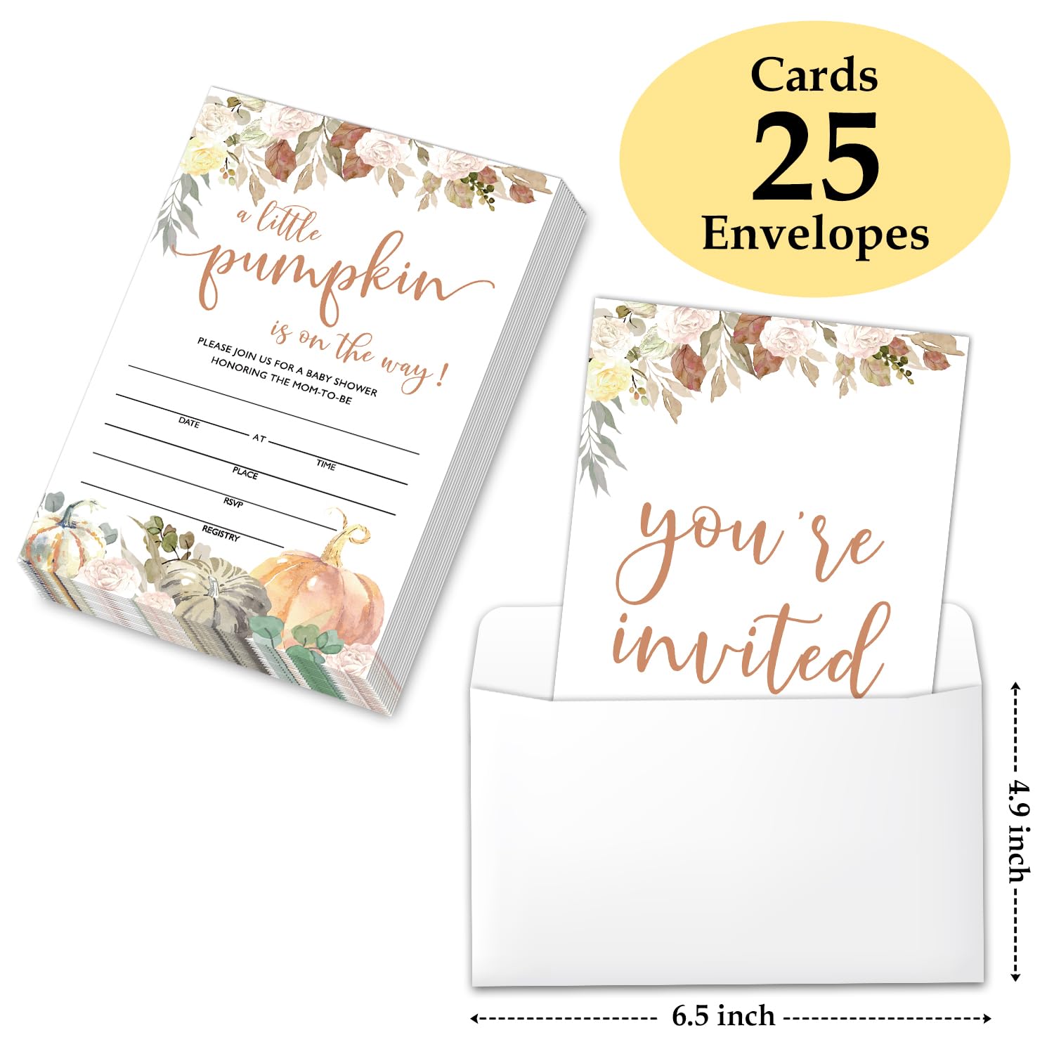Little Pumpkin Baby Shower Invitations with Envelopes - Fall Thanksgiving Gender Reveal & Baby Announcement Cards, Double-Sided Fill-In Invites for Baby Shower Party Decorations - Perfect for Autumn Celebrations and Holiday Gatherings