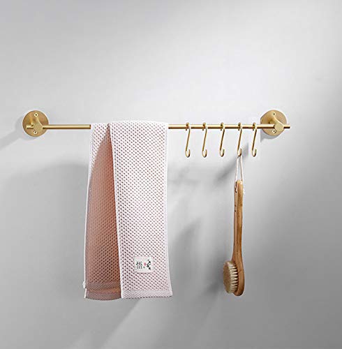 21.6 Inch Brass Towel Bar with 5 S-Shaped Hooks - Brushed Gold Bathroom & Kitchen Towel Rack - Perfect for Hanging Towels, Robes, and Kitchen Utensils in Modern Homes