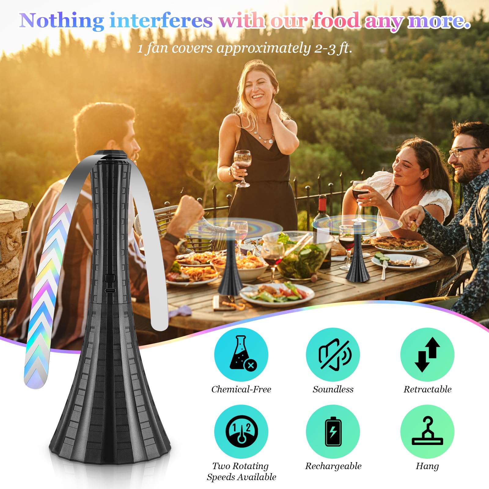 Rechargeable USB Fly Repellent Fan for Outdoor Tables - 6PCS Black Soft Blade Food Fan for Camping, Picnic, Fishing & Patio - Keep Flies Away with Gentle Breeze | Perfect for Outdoor Dining, BBQ & Summer Gatherings
