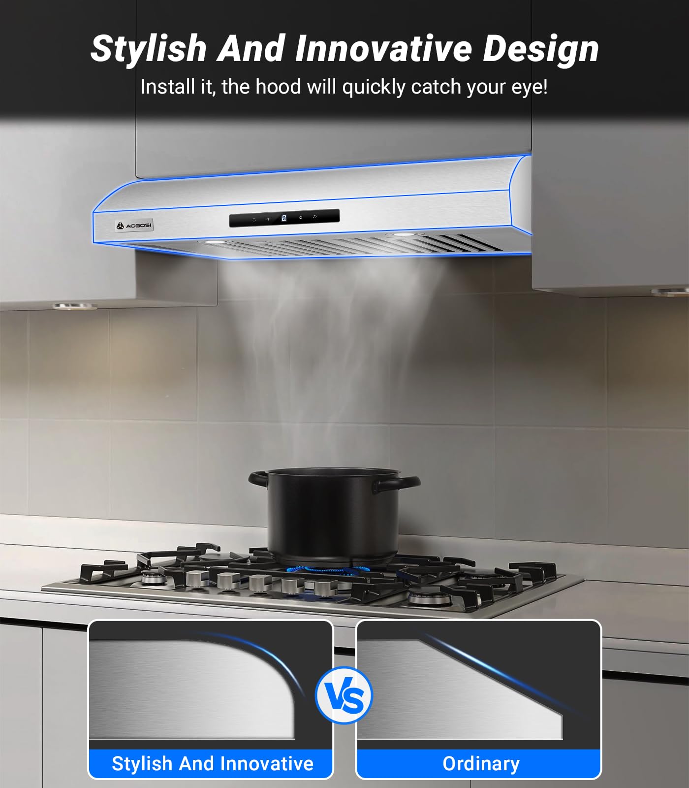 AAOBOSI 30 Inch Under Cabinet Range Hood with Wi-Fi - 3 Ventilation Modes, App & Touch Control, Ultra Quiet Operation, 3-Speed Exhaust Fan, LED Lights & Baffle Filters - Perfect for Modern Kitchens & Open-Concept Homes