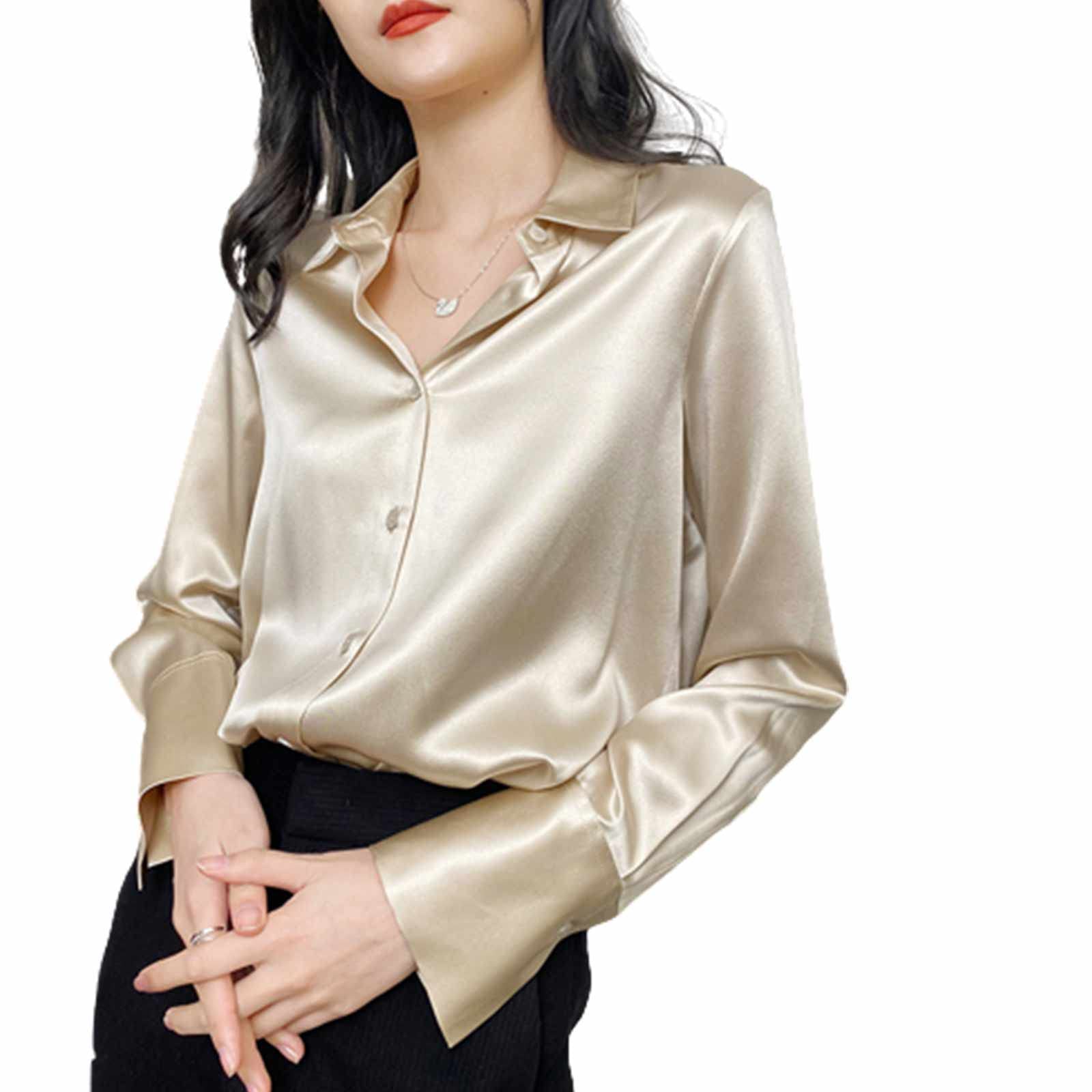 Women's Long Sleeve Satin Blouse - Elegant Lapel Neck Solid Color Button-Down Shirt, Breathable Chiffon Work Tops for Office, Casual Wear & Special Occasions