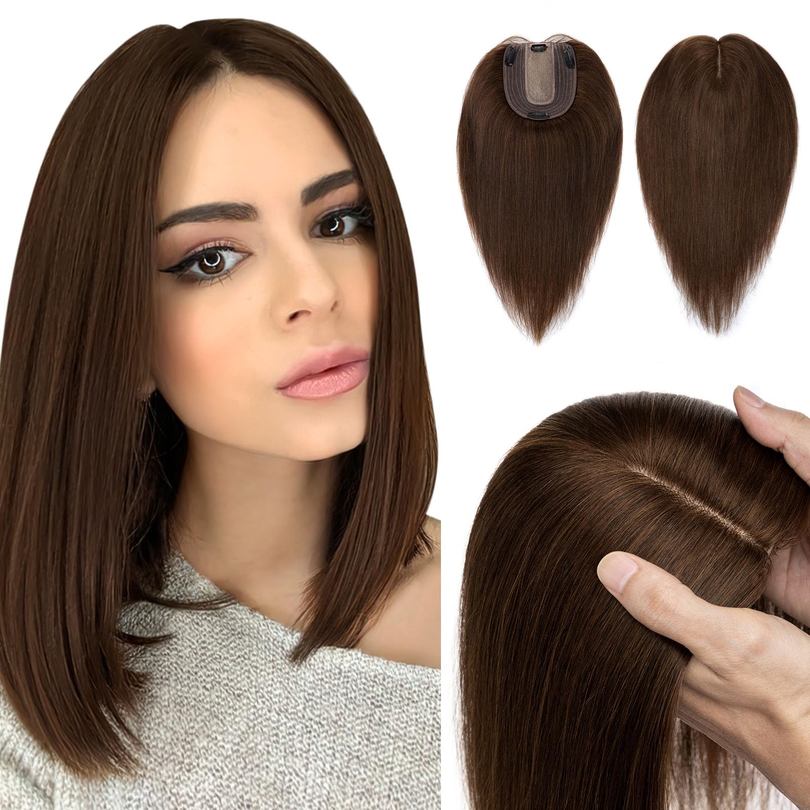 100% Real Human Hair Topper for Women - 18 Inch Medium Brown Hairpiece with 4