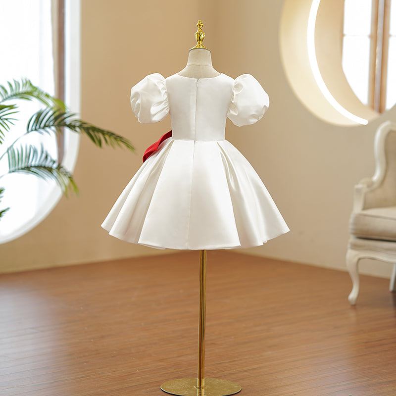 White Satin A-Line Flower Girl Dress with Bow & V-Neck Puff Sleeves - Perfect for Weddings, Baptisms & Special Occasions