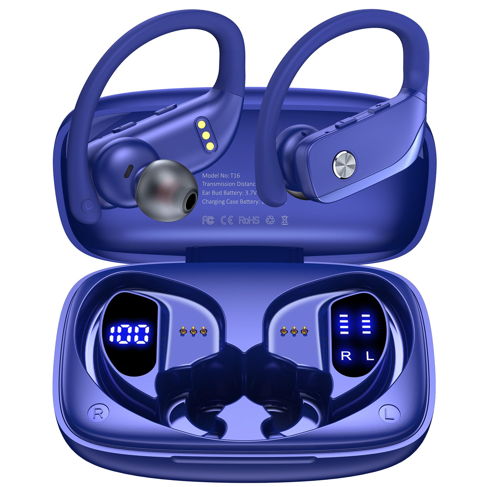 bmani 2 Packs Wireless Bluetooth Earbuds with LED Display - 48H Playtime, Over-Ear Sport Earphones with Built-in Mic & Earhooks for Running, Gym Workouts (Black + Blue) - Perfect for Fitness, Commuting & Outdoor Activities