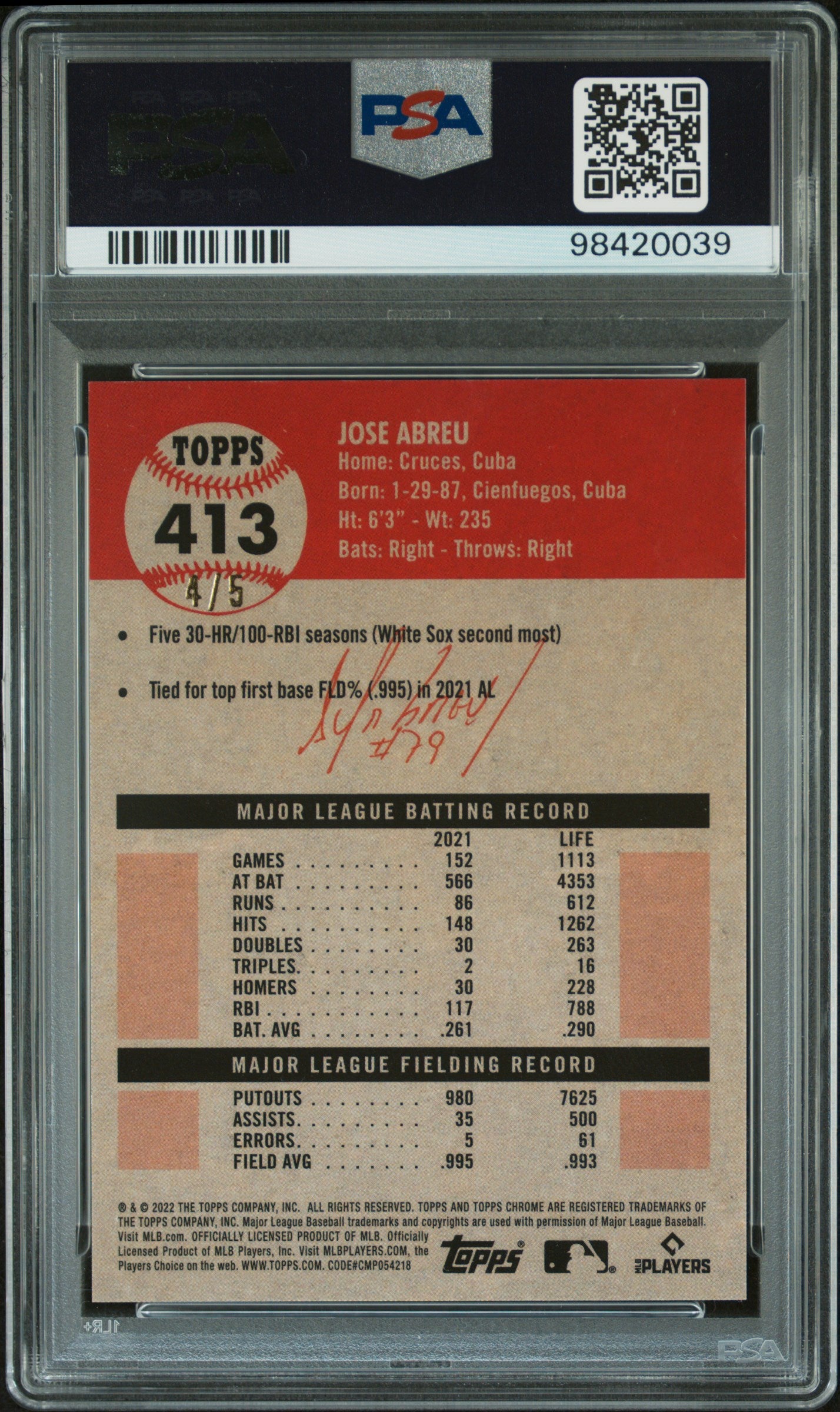 2022 Topps Chrome Platinum Anniversary Jose Abreu Red Refractor 4/5 #413 PSA 9 - Rare Baseball Card for Collectors & Sports Memorabilia Enthusiasts - Perfect for Display, Trading, and Investment