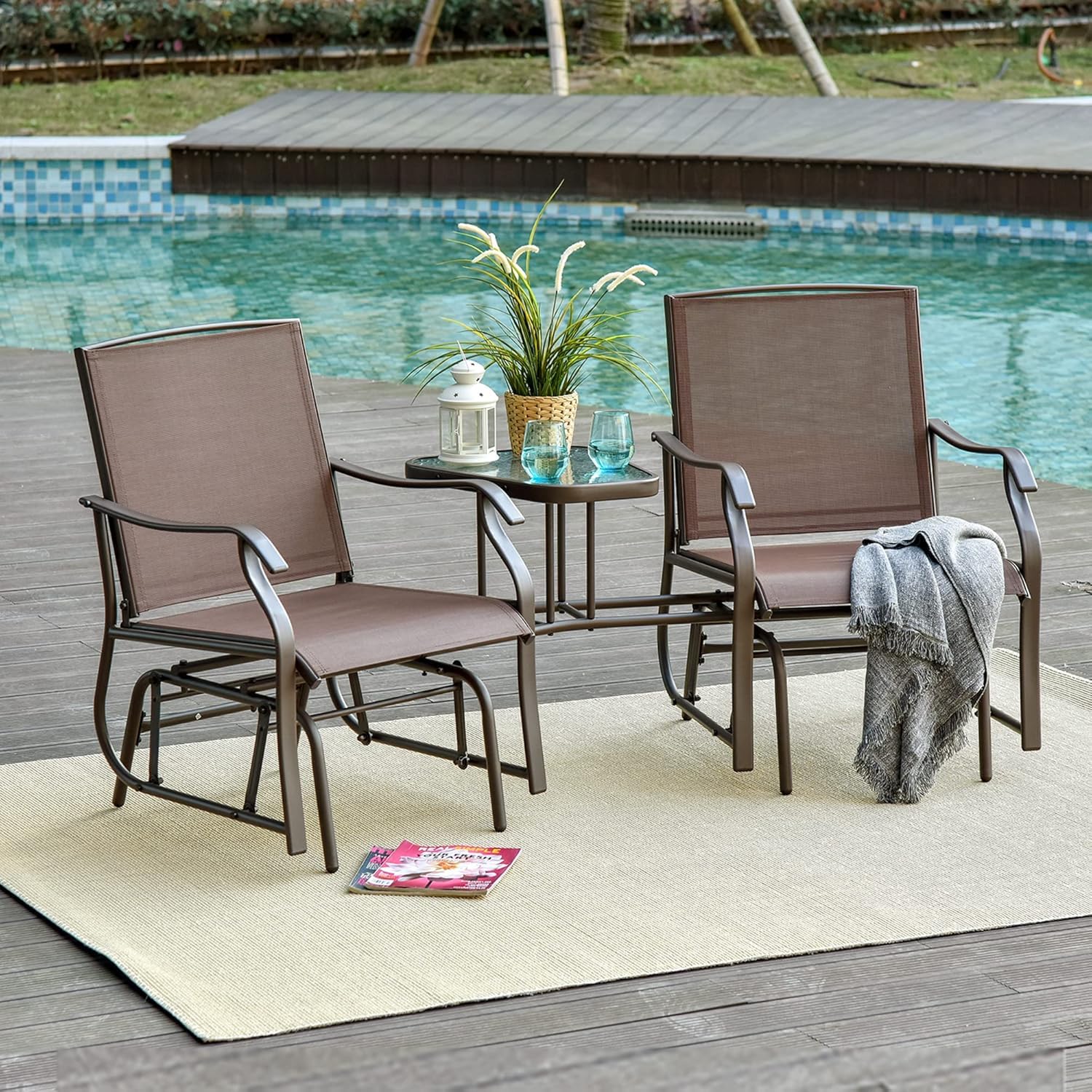 Outdoor Glider Bench & Chair - X&T 2-Person Patio Double Glider Rocker with Metal Sliding Tracks, Sling Fabric Loveseat & Center Table - Perfect for Porch, Garden, Lawn & Backyard Relaxation (Black)
