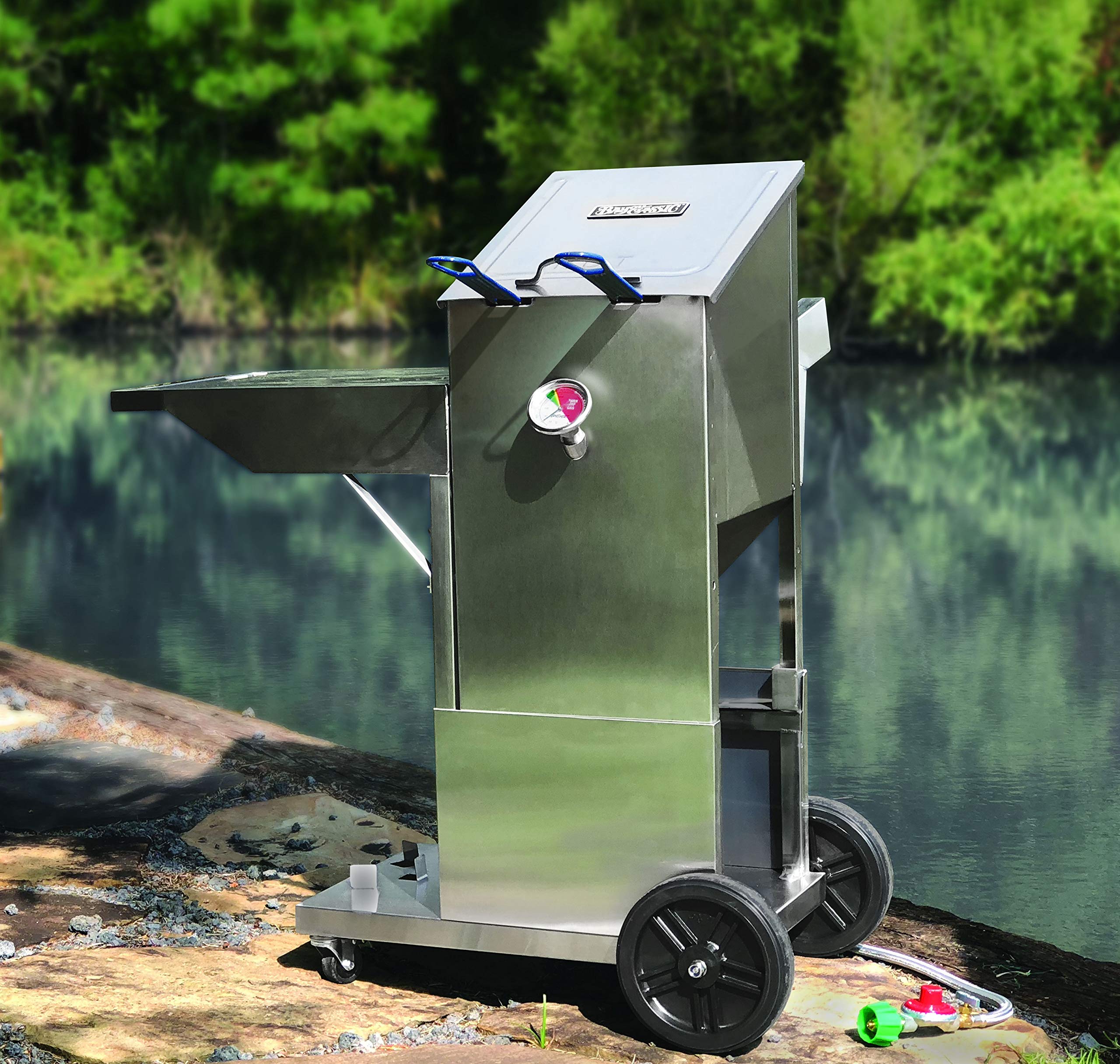 Bayou Classic 700-185 Stainless Steel Fryer Cart with Rubber Wheels & Locking Casters - Propane Tank Hook Mount - Perfect for 4-Gallon Bayou Classic Fryers - Ideal for Outdoor Cooking, Tailgating, and Backyard BBQs