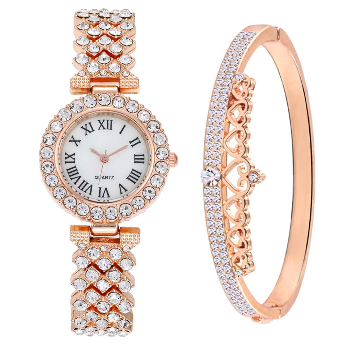 Luxury Diamond Women's Watch with Crown Bangle Set - Elegant Quartz Wristwatch for Ladies - Perfect Gift for Birthday, Anniversary & Special Occasions
