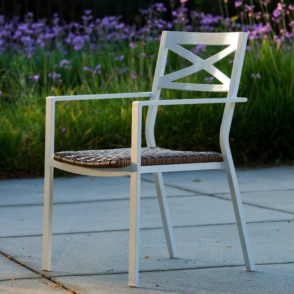 Premium Aluminum Outdoor Stackable Dining Armchairs with White Padded Cushions (Set of 4) - Weather-Resistant Patio Furniture for Backyard, Poolside & Garden Dining
