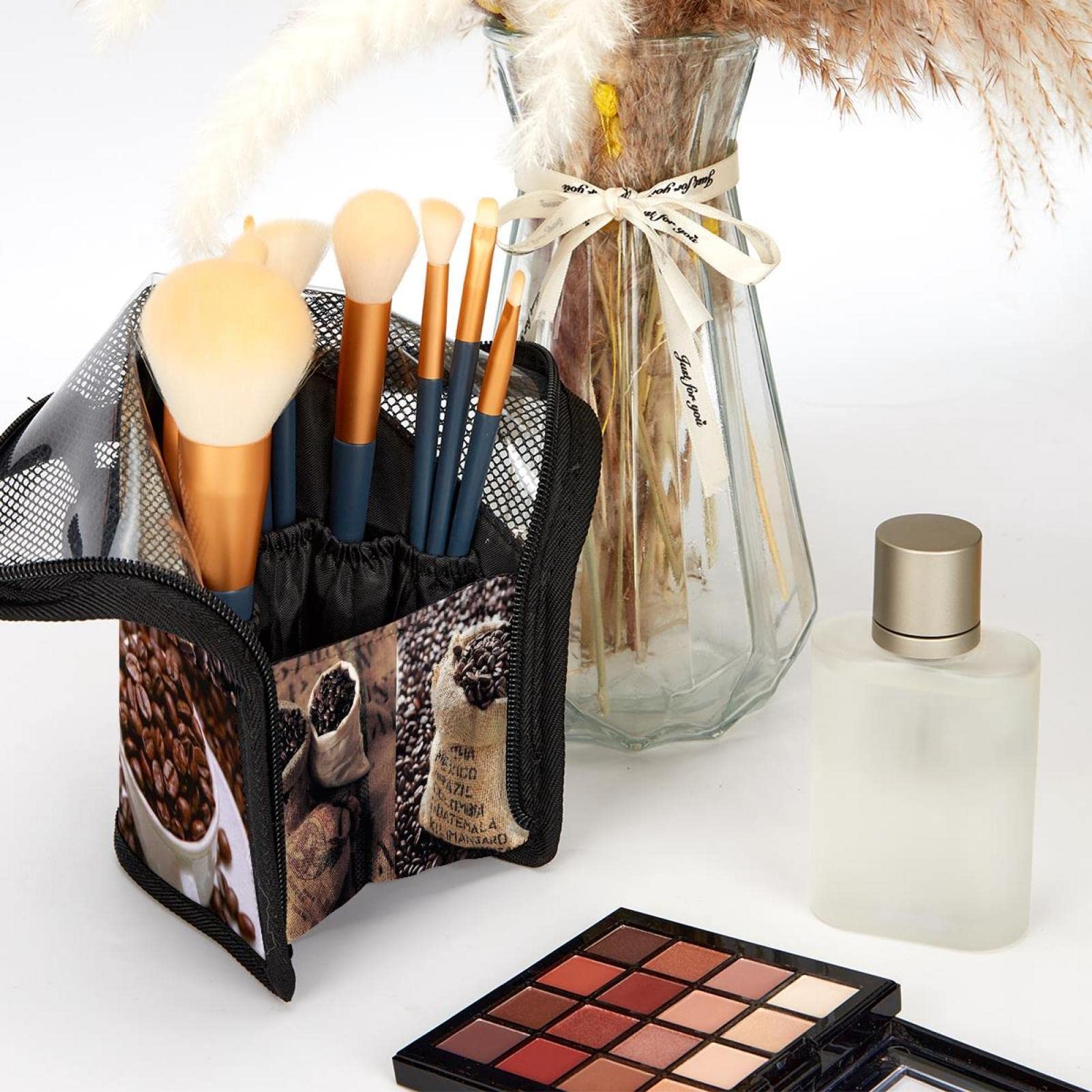 12-Piece Makeup Brush Organizer Bag with Portable Holder Case - Perfect for Travel, Coffee Shops & On-the-Go Beauty Touch Ups