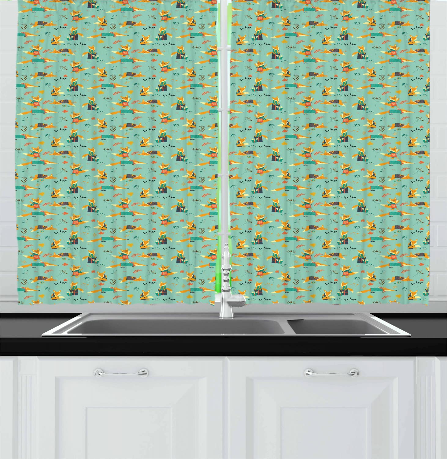 Ambesonne Autumn Foxes Kitchen Curtains - 55