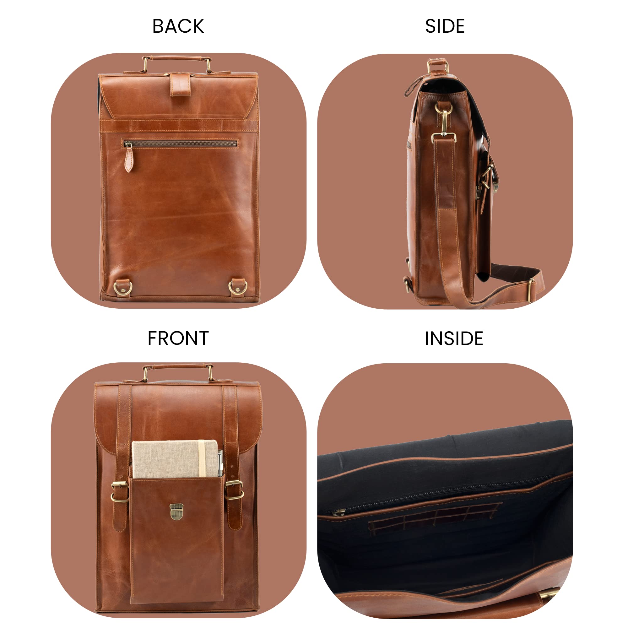 Handmade Genuine Leather Backpack - Convertible to Vertical Messenger Bag for 17 Inch Laptop - Business & Travel Computer Bag (Brown) | Perfect for Office Commute, College Students & Digital Nomads