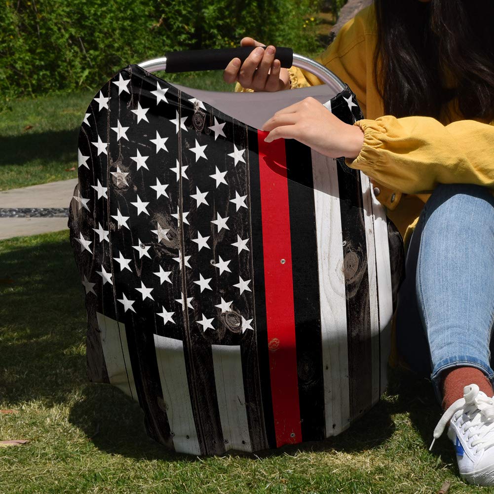 Breastfeeding Nursing Cover - Multi-Use Baby Car Seat Canopy with USA Flag & Thin Red Line Firefighter Design - Stretchy, Breathable Scarf Shawl for Strollers, High Chairs & Shopping Carts - Perfect for Boys & Girls - Ideal for Outdoor Nursing, Shopping & Travel