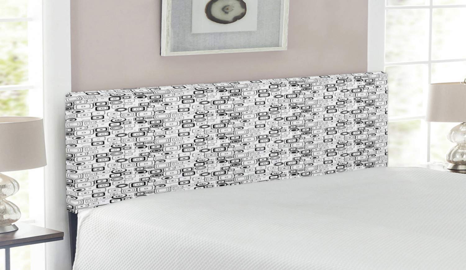 Ambesonne Abstract Upholstered Headboard - Queen Size Black & White Geometric Pattern with Memory Foam | Vintage Monochrome Squares & Circles Design | Perfect for Modern & Retro Bedroom Decor
