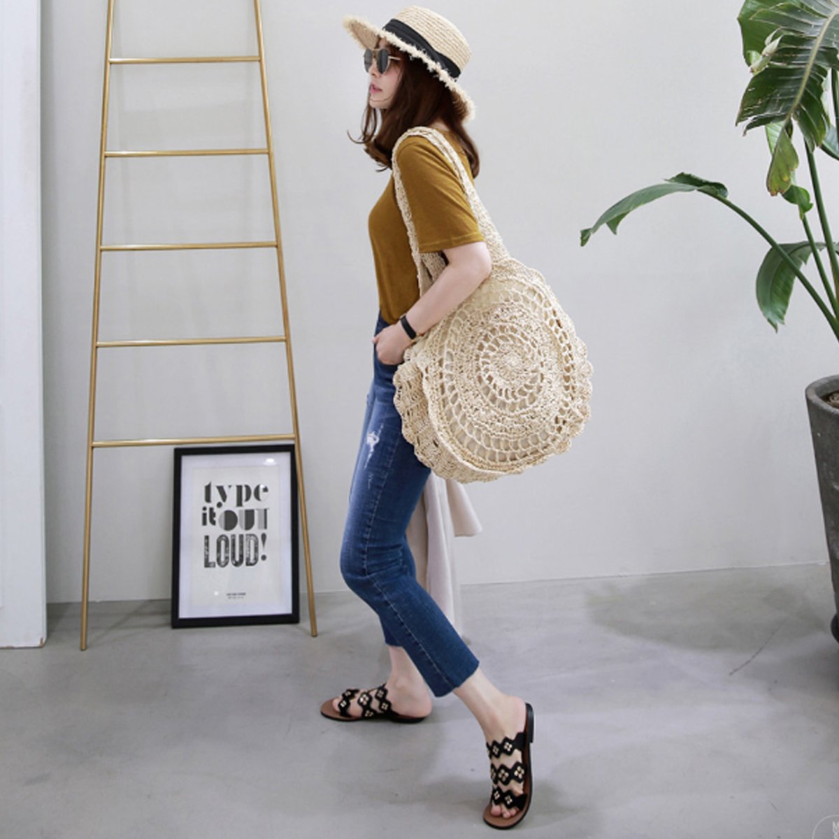 CLARA Women's Large Round Straw Beach Bag - Woven Shoulder Tote Handbag Purse for Summer - Perfect for Beach Vacations, Picnics, and Outdoor Adventures