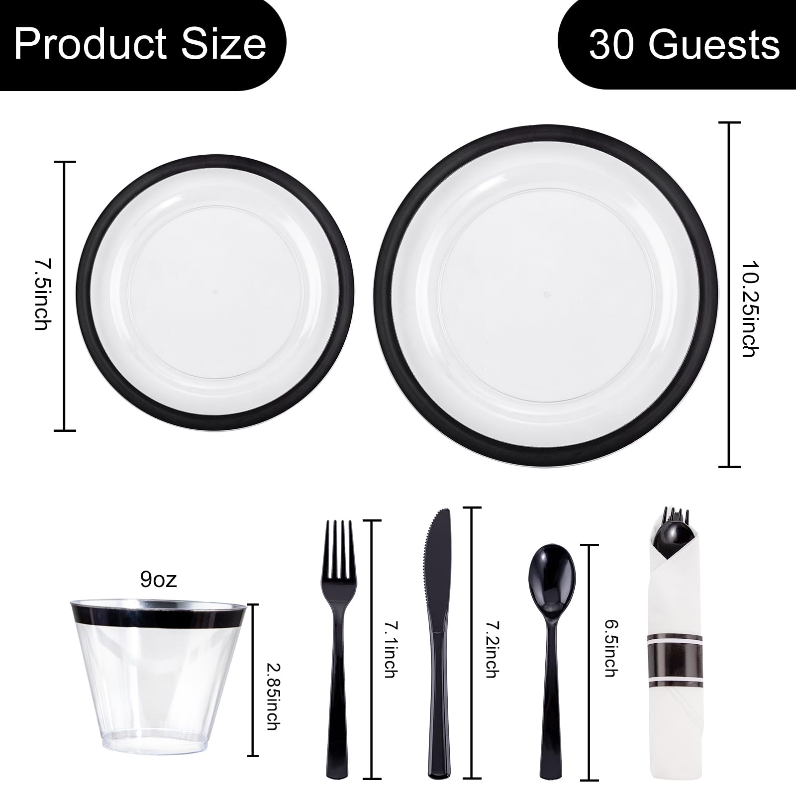 210-Piece Clear & Black Disposable Plastic Plates Set - 30 Dinner Plates, 30 Dessert Plates, 30 9oz Cups & 30 Pre-Rolled Napkins with Cutlery for New Year Parties, Birthday Celebrations & Family Gatherings