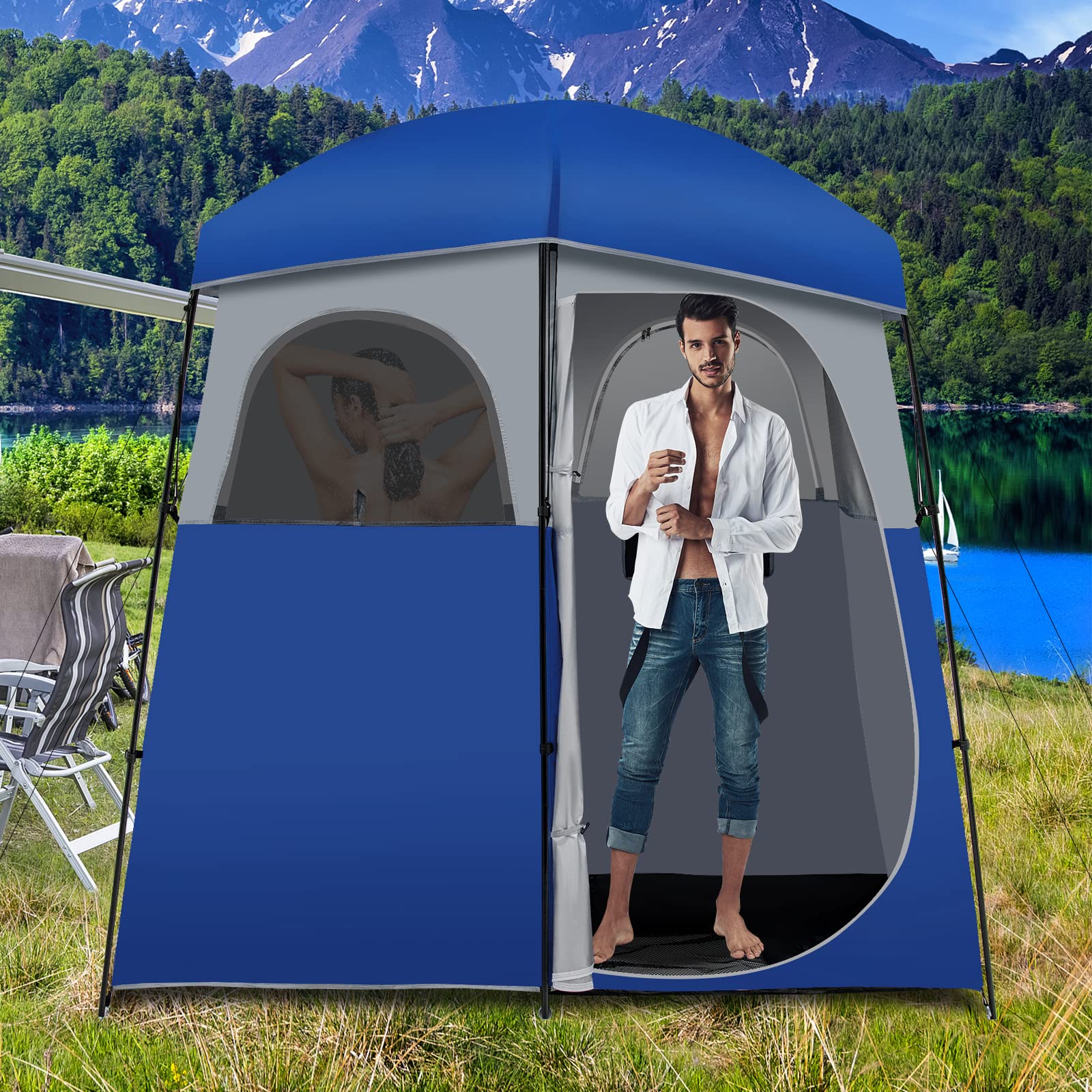 Tangkula Double Room Shower Tent - Extra Large Privacy Changing Tent for Camping with Floor & Removable Rain Fly | Portable Outdoor Shower Tent with Storage Bag | Perfect for Camping, Beach, Poolside & Outdoor Dressing