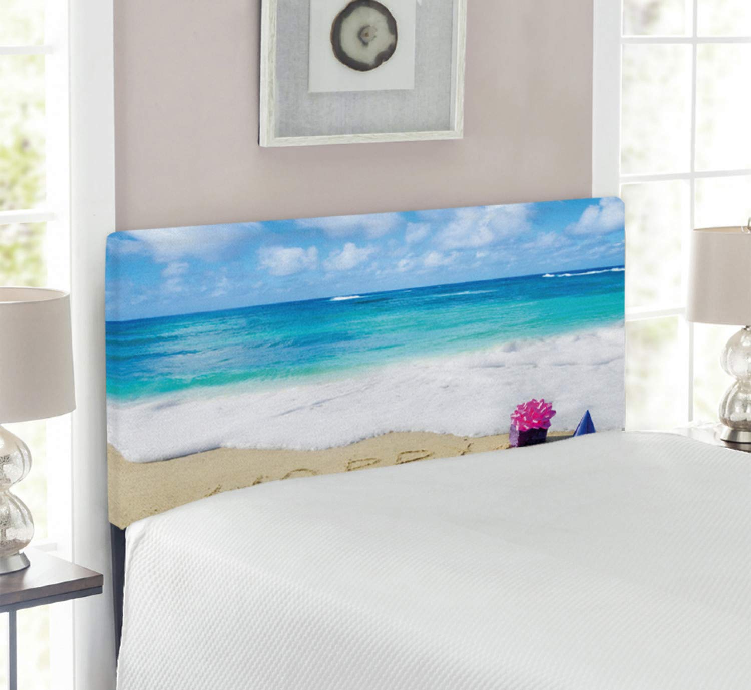 Ambesonne Upholstered Twin Size Headboard - Happy Birthday Celebration Design with Sandy Beach, Party Hats & Ocean Theme - Blue Pale Brown Pink Memory Foam Decorative Metal Bed Headboard - Perfect for Birthday Bedroom Decor & Coastal Themed Rooms