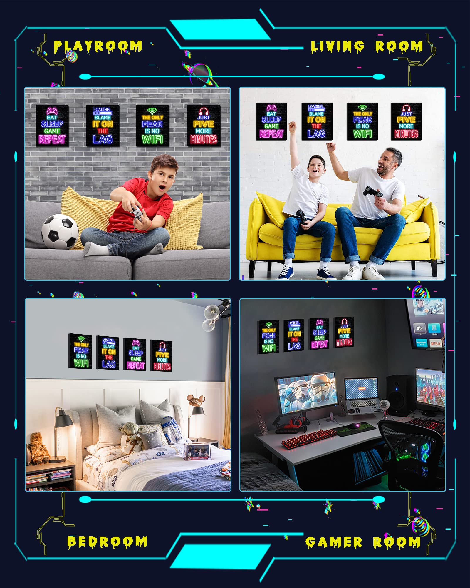 Premium Drsoum Gaming Wall Art for Boys - Framed 8x10 Neon Video Game Room Decor - Cool Gamer Posters for Teen Bedroom & Man Cave - Perfect for Gaming Setups, Streamer Backgrounds & Esports Themed Rooms
