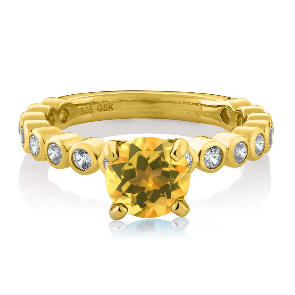1.94 Ct Natural Yellow Citrine & White Created Sapphire 18K Gold Plated Silver Ring for Women – Elegant Jewelry Gift for Birthday, Anniversary & Special Occasions