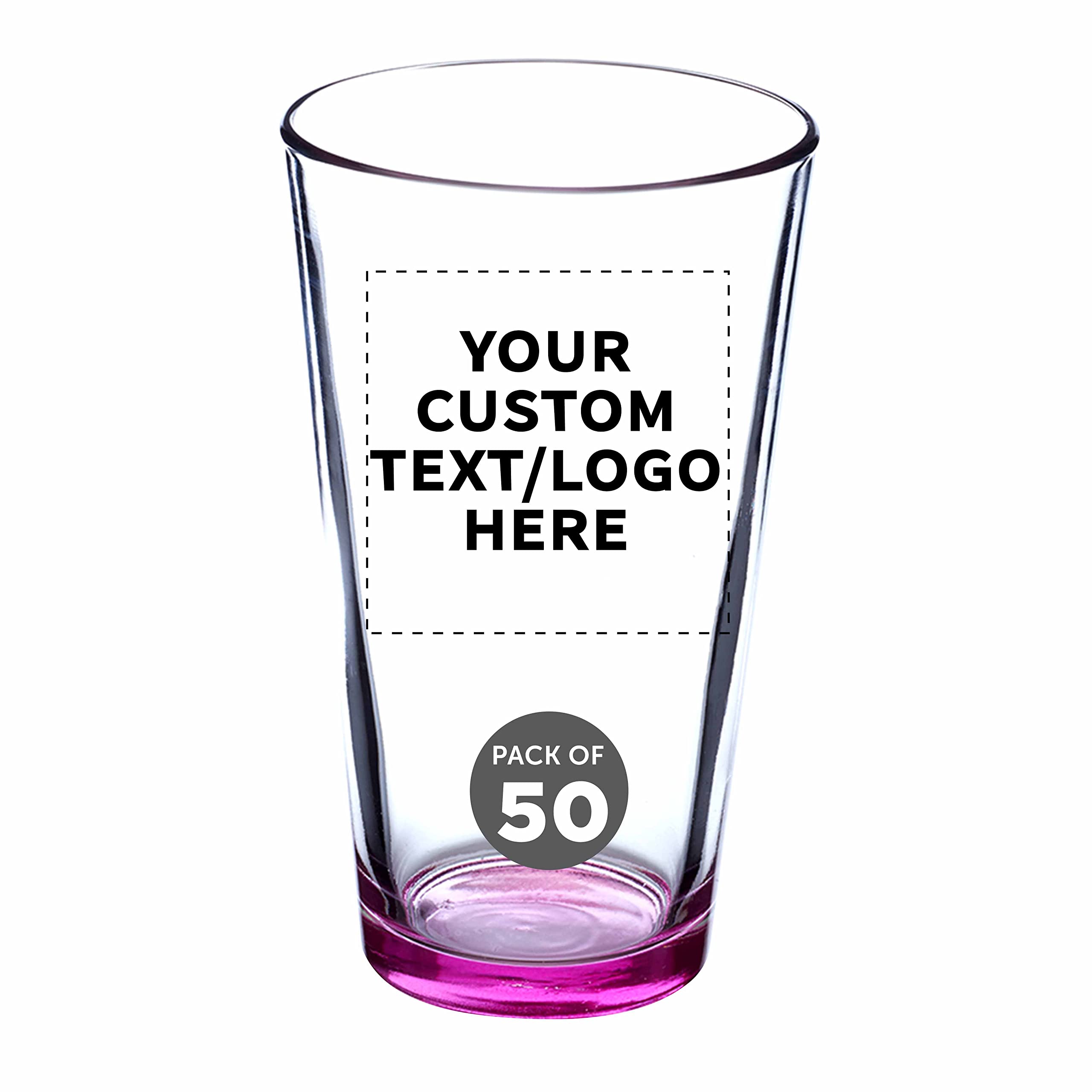 Custom 16 oz Beer Pint Glasses Set of 50 - Personalized Bulk Bar Glasses with Thick Base & Walls - Heavy Duty Stackable Glassware for Restaurants, Pubs & Home Bars - Perfect for Commercial Use, Parties & Gifts (Pink)