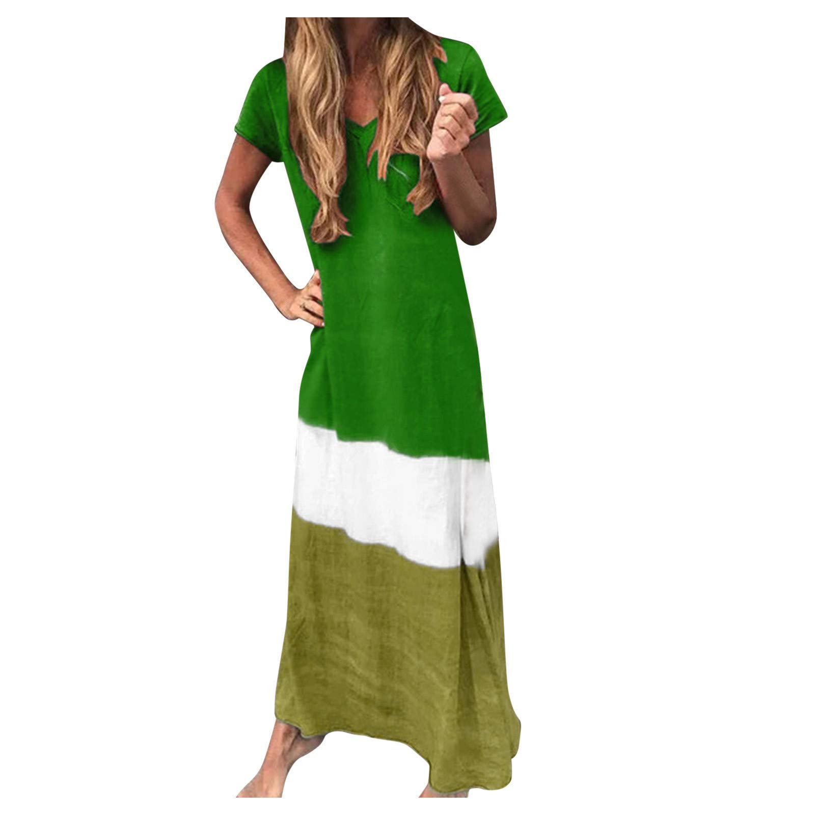 **Plus Size Women's Color Block Flowy Swing Maxi Dress - Summer Casual Short Sleeve V-Neck Long Dress for Beach, Vacation & Everyday Wear**