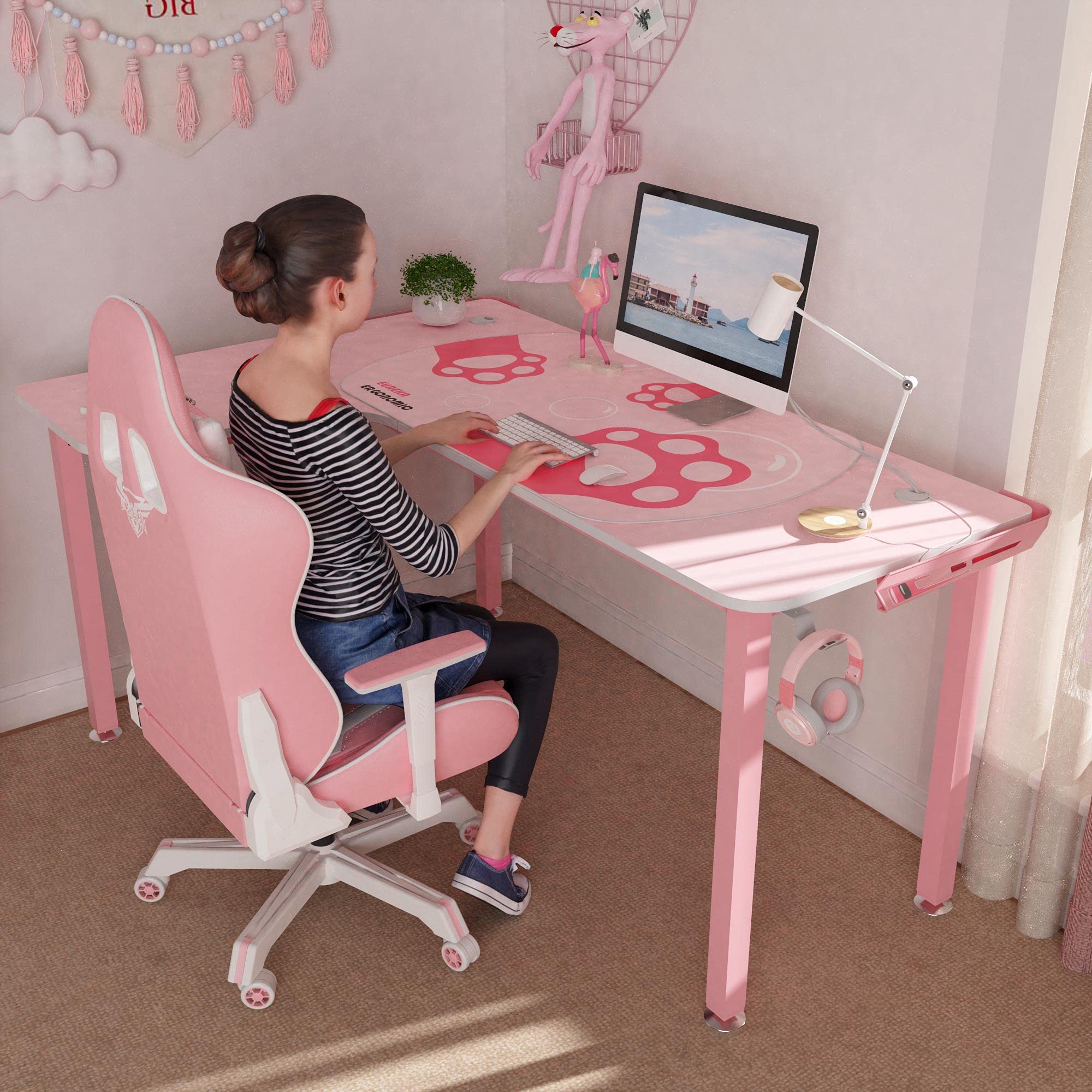 Pink L-Shaped Gaming Desk for Girls - 60 Inch Cute Pink Computer Desk with Full Covered Desk Mat, Easy Assembly, Left Side Design - Perfect for Gaming, Streaming & Home Office Setup