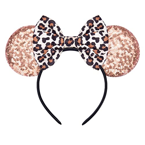 LYLIN Sequin Mouse Ears Headband with Bow - Champagne Leopard Print Hair Accessories for Women & Girls | Halloween Costume, Birthday Party, Cosplay, Disney Theme Park Outfit