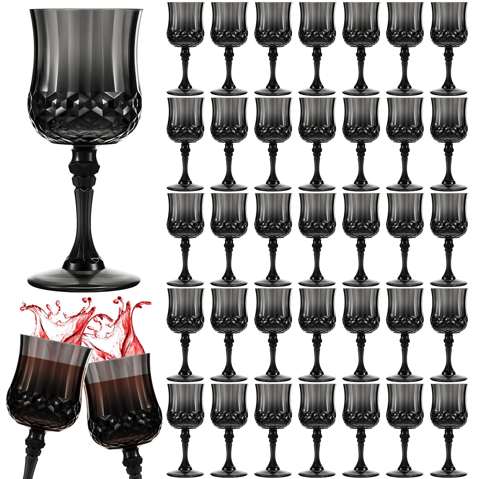 50 Pcs Black Patterned Plastic Wine Glasses - Colorful Vintage Style Champagne Flutes, Dishwasher Safe Goblets for Wedding, Party, Reception & Grand Events - Perfect for Indoor/Outdoor Celebrations & Elegant Gatherings
