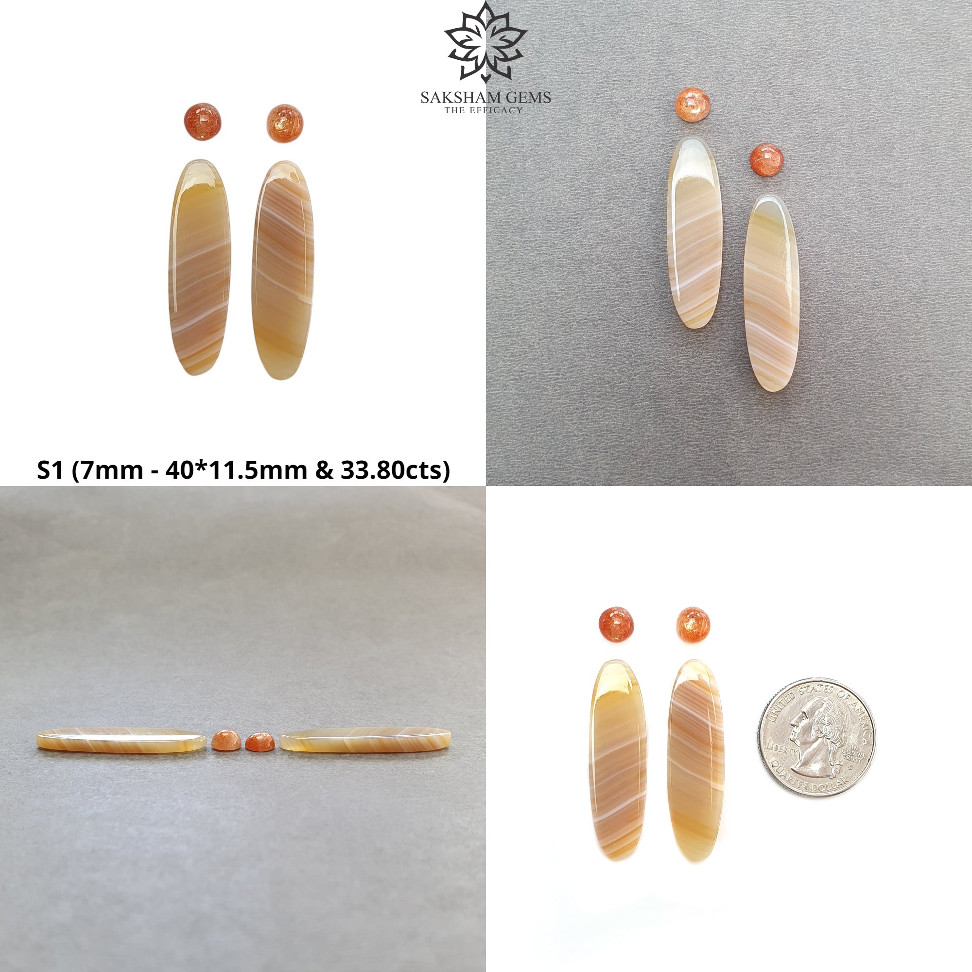 Natural Untreated Botswana Agate Sunstone & Peach Moonstone Gemstone Rose Cut Cabochon - Bi-Color Agate Egg Oval Shape 4pc Set for Jewelry Making, Wire Wrapping & Crystal Healing