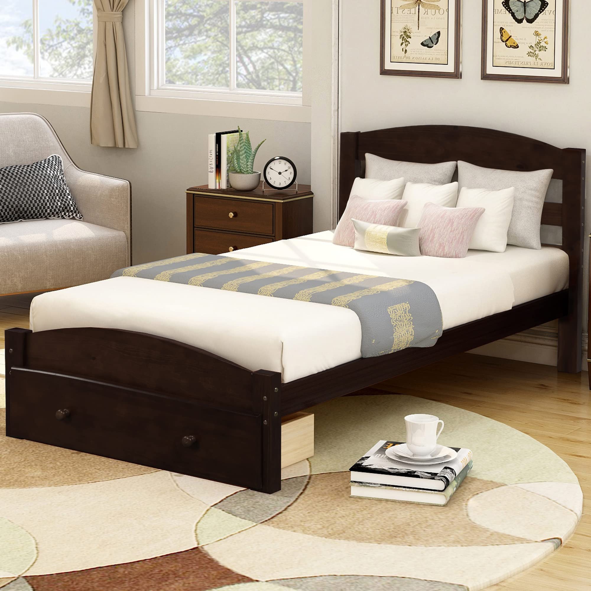 **Kids Wood Twin Size Platform Bed Frame with Storage Drawer & Headboard - No Box Spring Needed, Wood Slat Support - Perfect for Small Bedrooms, Guest Rooms & Kids' Rooms (Espresso, Twin)**