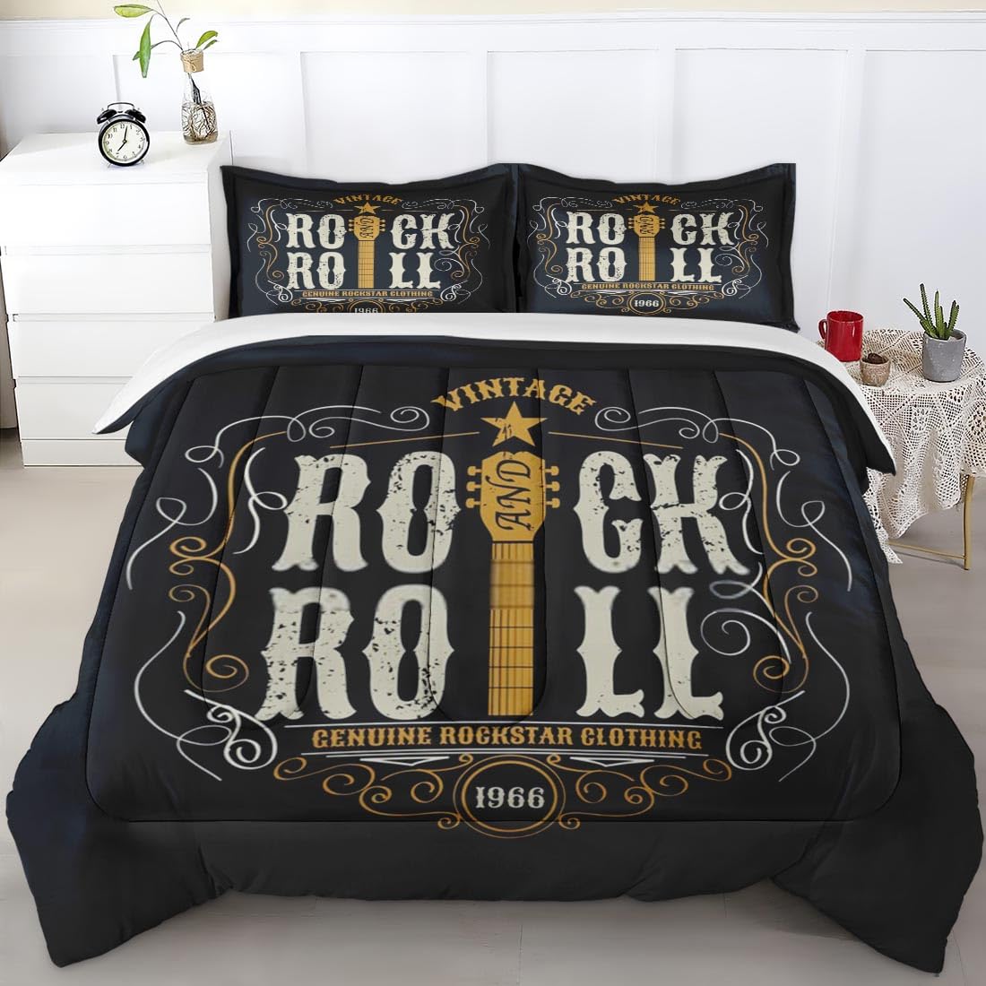 Vintage Rock Roll Music Comforter Set Queen Size - 70s Retro Guitar Bedding for Kids & Adults - Includes Comforter & 2 Pillowcases - Perfect for Bedroom Decor, Music Lover Gifts & Themed Room Design