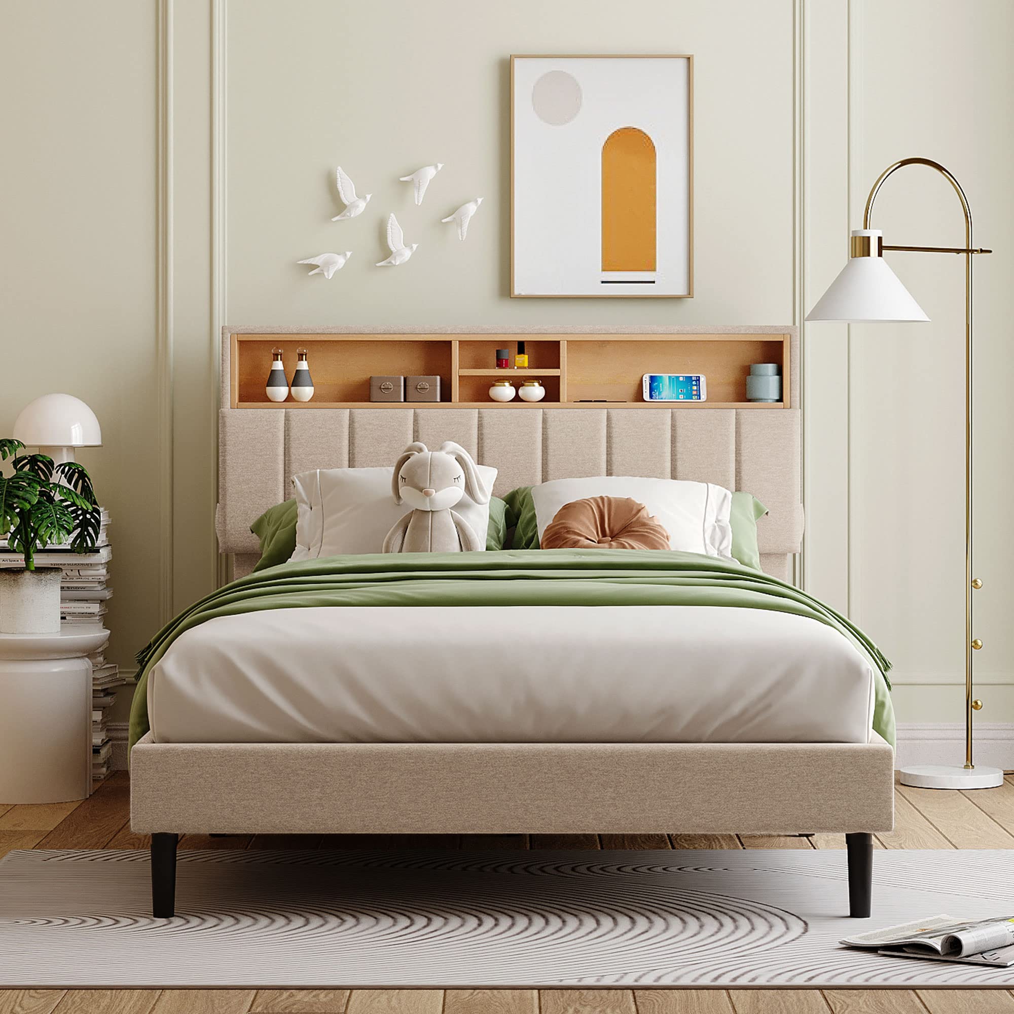Full Size Upholstered Platform Bed with Storage Headboard & USB Ports - Wooden Bed Frame with Linen Fabric for Kids, Teens & Adults - Perfect for Small Bedrooms, Guest Rooms & Dormitories (Beige)