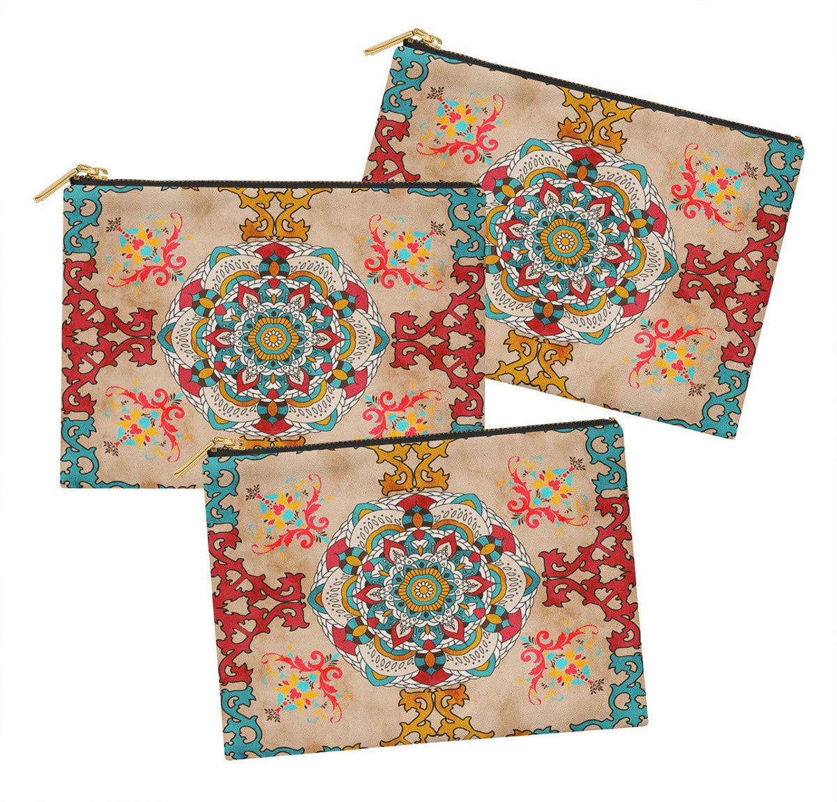 Timingila Beige Mandala 3-Piece Printed Zipper Makeup Pouch Set - Waterproof Toiletry Bag Organizer for Travel, Cosmetics & Jewelry Storage | Perfect for Vacation, Gym & Daily Essentials