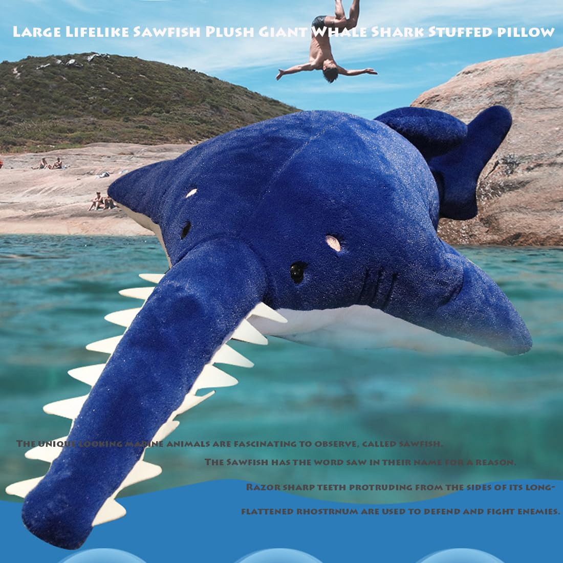 ELAINREN 37.4'' Lifelike Sawfish Plush Toy - Giant Whale Shark Stuffed Animal, Soft Hugging Great White Shark Plushie Body Pillow - Perfect Ocean-Themed Gift for Kids & Adults (Blue) - Ideal for Nursery Decor, Birthday Presents & Cuddling