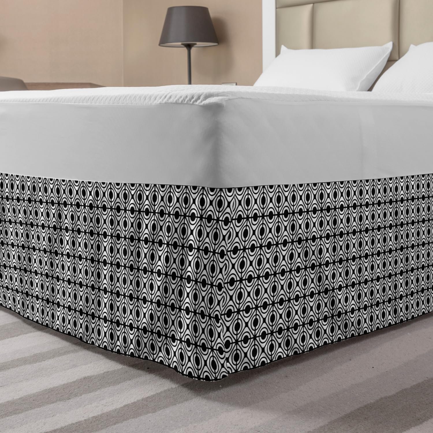 Ambesonne Geometric Elastic Bed Skirt - King Size Black & White Retro Diamond Pattern Dust Ruffle | Stretchable Wrap Around Bedskirt for Master Bedroom, Guest Room & Dorm Decor