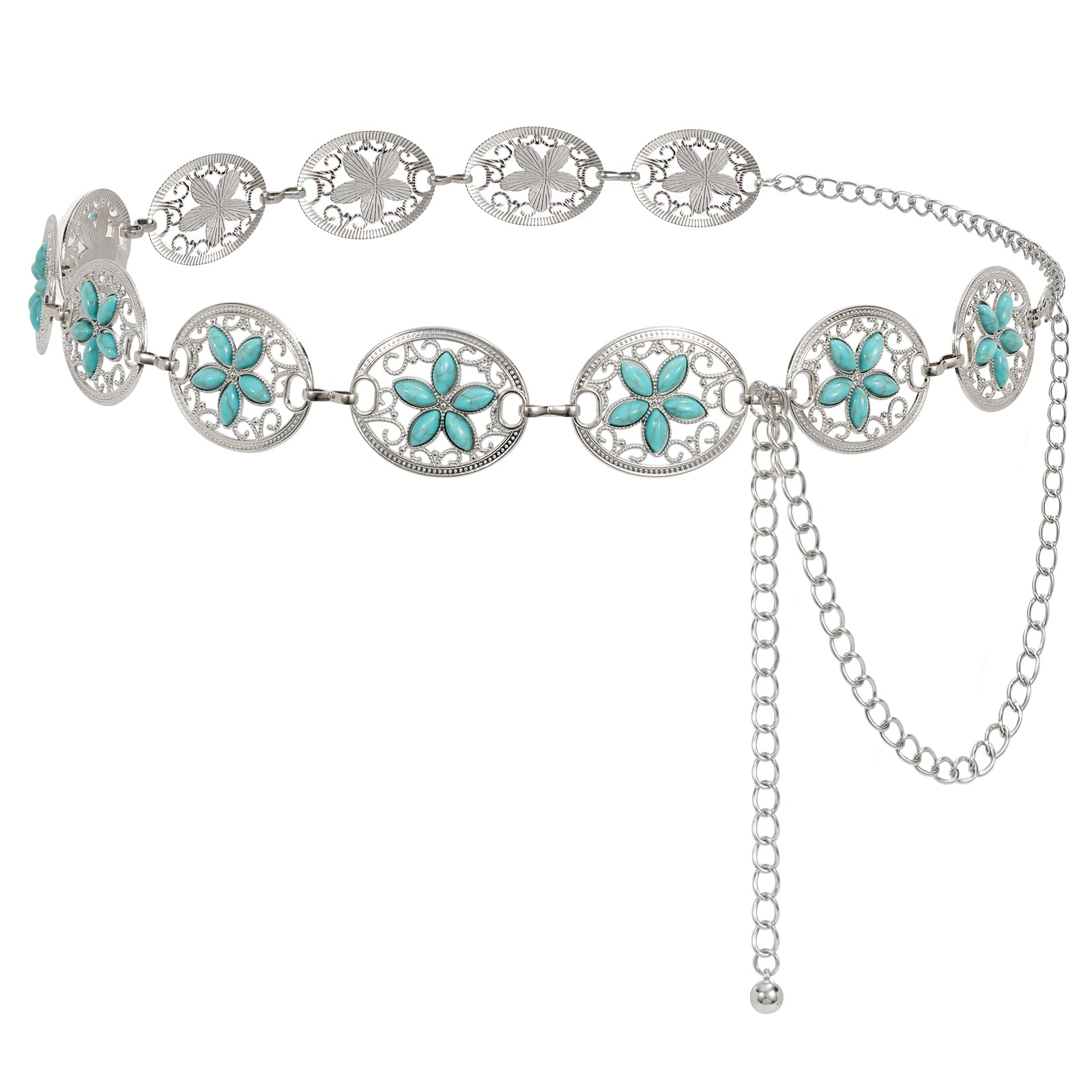 LEACOOLKEY Women's Turquoise Concho Chain Waist Belt - Silver Western Cowgirl Metal Belt for Dresses, Adjustable Size - Perfect for Country Music Festivals, Rodeo Events & Boho Fashion Outfits