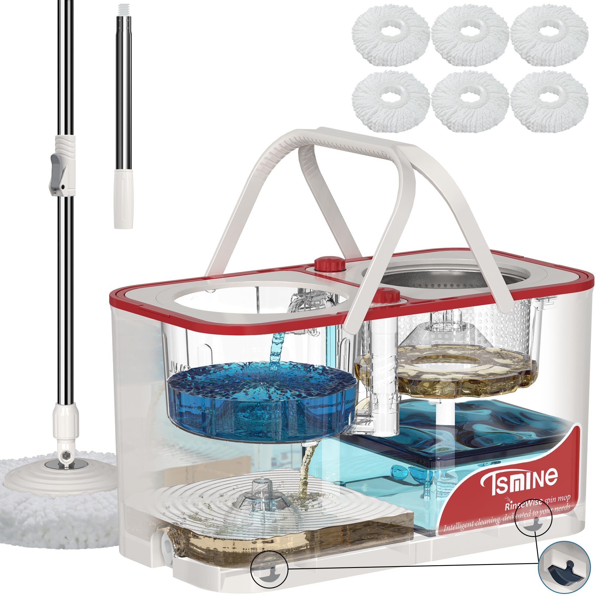 Spin Mop and Bucket Set with Wringer - 4-Chamber Cleaning System Separates Dirty/Clean Water - Includes 6 Replacement Mop Heads & 4-Wheel Design (White) - Perfect for Hardwood Floors, Tile, and Household Cleaning
