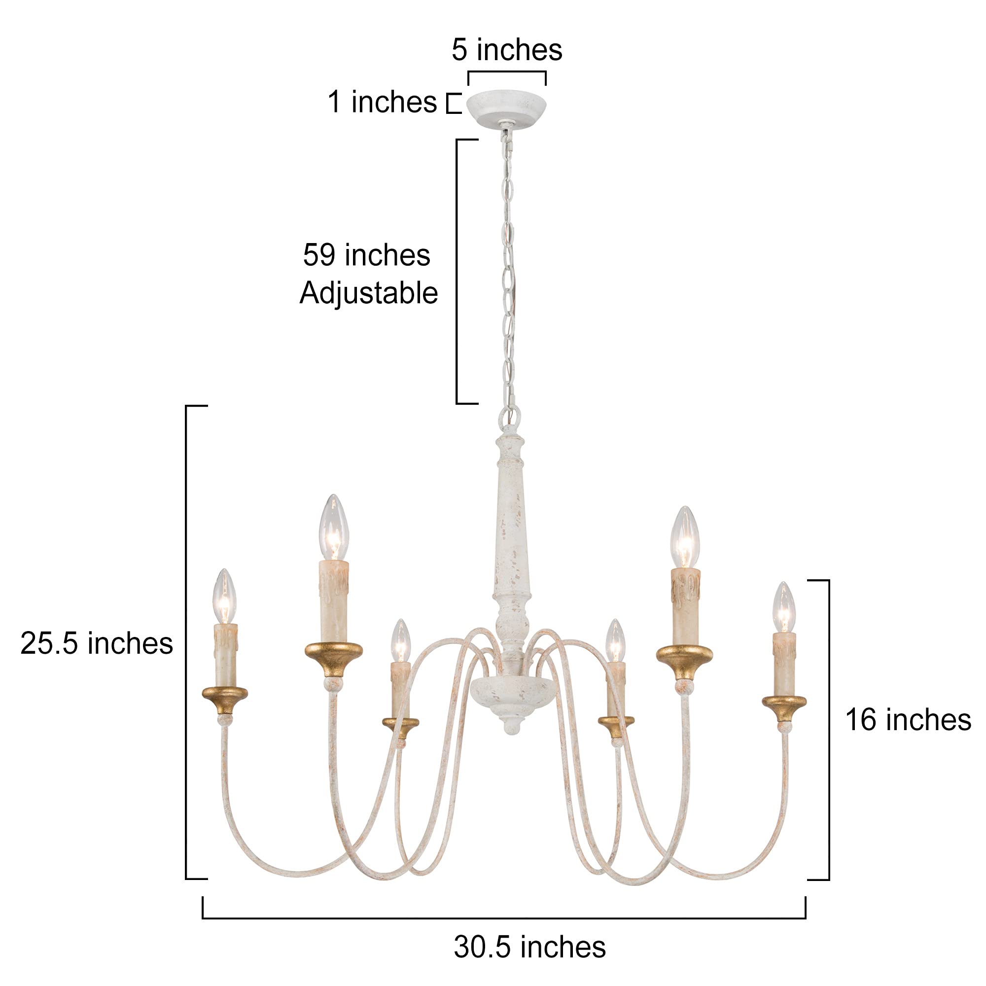 Farmhouse Chandelier - 6-Light French Country Wood Ceiling Light Fixture in Distressed White Finish, 30.5” Diameter x 25.5” Height - Perfect for Dining Room, Living Room, Kitchen Island or Entryway Lighting