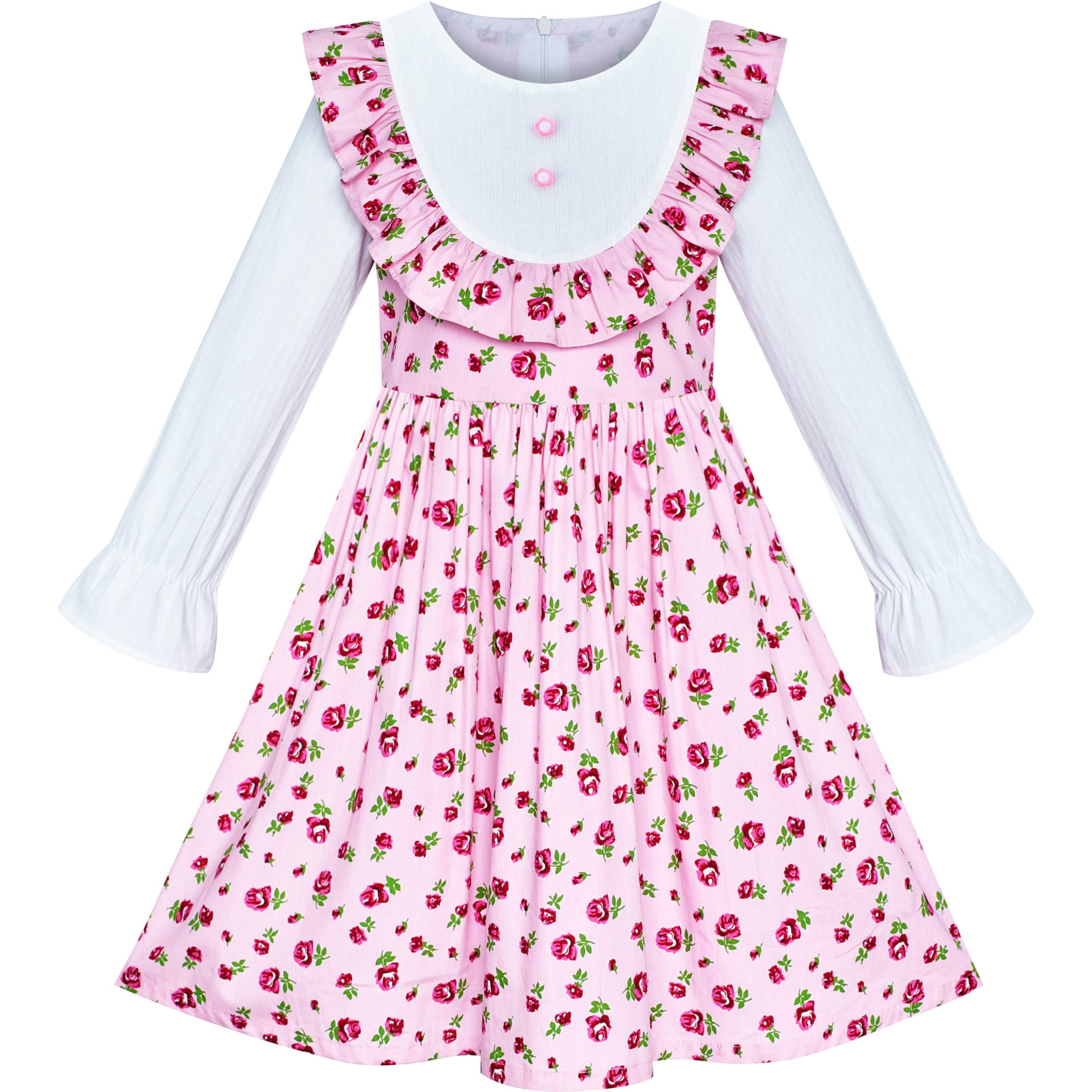 Sunny Fashion Girls' Pink Floral Long Sleeve Cotton Casual Dress - Size 4-8 | Perfect for School, Parties & Everyday Wear