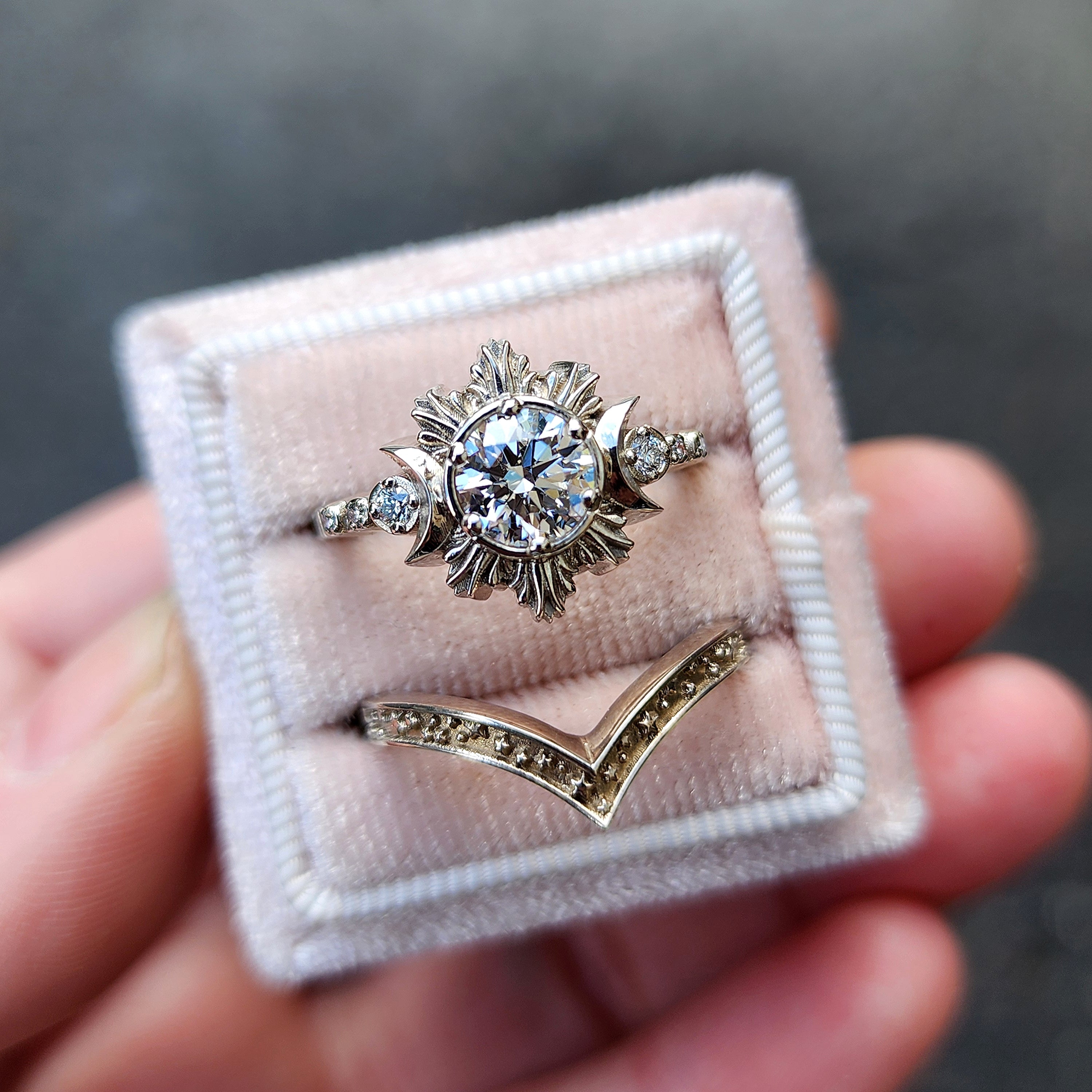 1.02ct Lab-Created Diamond Moon Fire Engagement Ring Set in 14K Palladium White Gold - Size 6 & 8 - Ready to Ship    Perfect for Proposals, Weddings, Anniversaries & Special Occasions - Elegant Bridal Jewelry Set