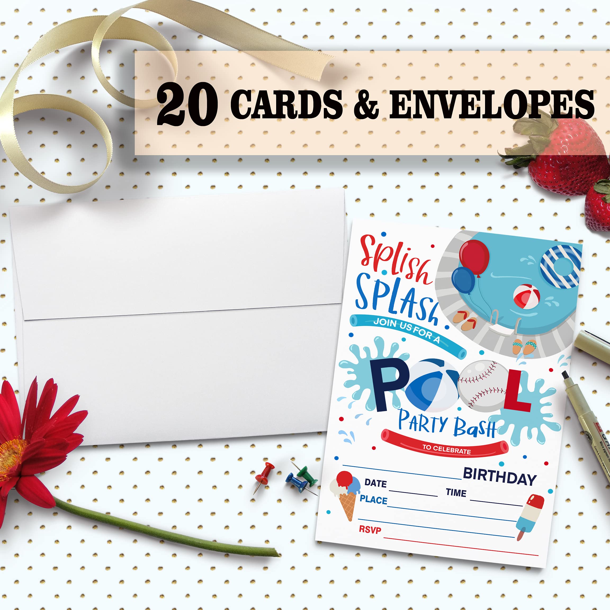 Swimming Pool Birthday Party Invitation Cards - 20 Count with Envelopes | Splish Splash Pool Party Supplies, Water Bouncing Ball Theme | Perfect for Kids' Summer Birthday Celebrations, Pool Parties & Backyard Bash Events