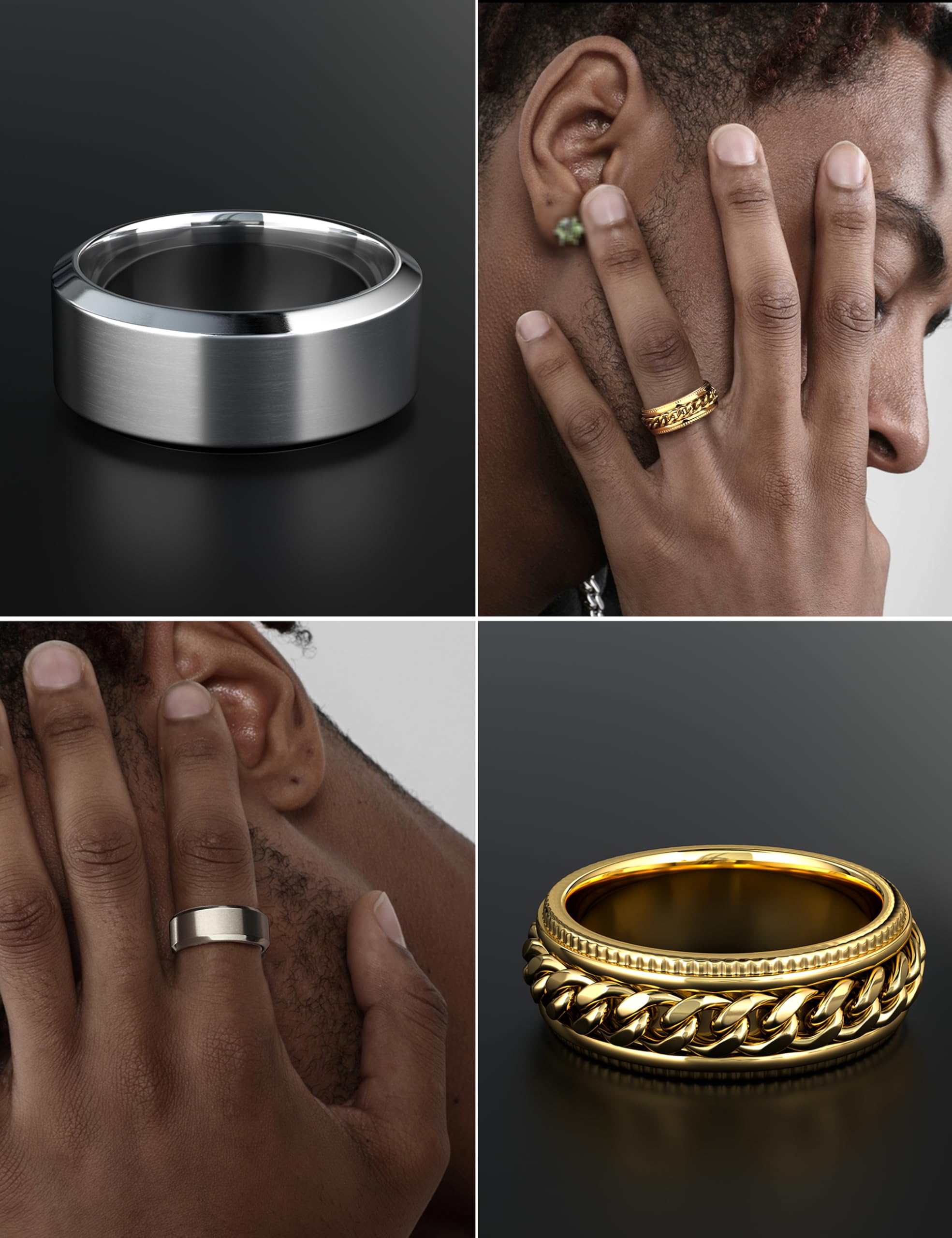 FIASASO 9Pcs Men's Wedding Band Rings Set - Stainless Steel 8MM Width Engagement Rings for Him in Silver, Black & Gold (Sizes 6-14) - Perfect for Weddings, Anniversaries & Proposals