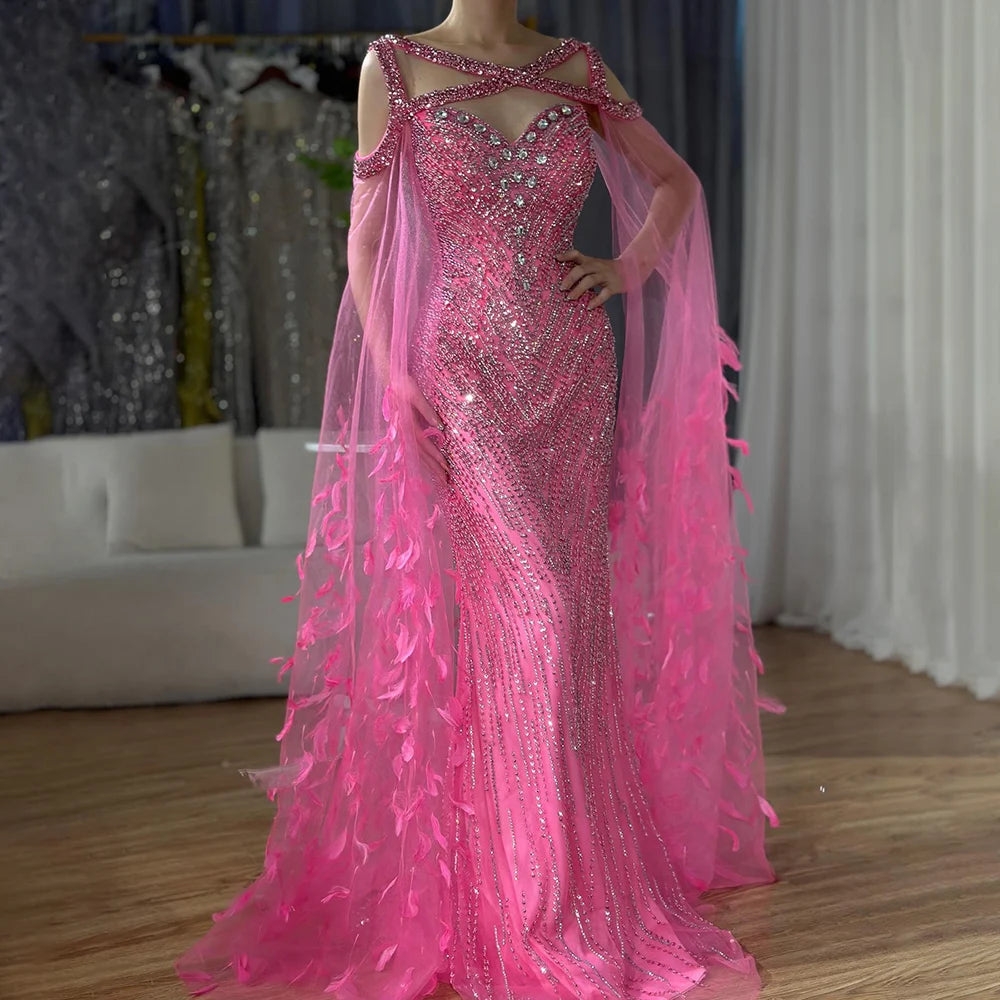 Elegant Fuchsia Mermaid Wedding Dress with Cape Sleeves, Beading & Feather Embellishments - Serene Hill LA72286 | Perfect for Bridal Party, Evening Gala & Formal Occasions
