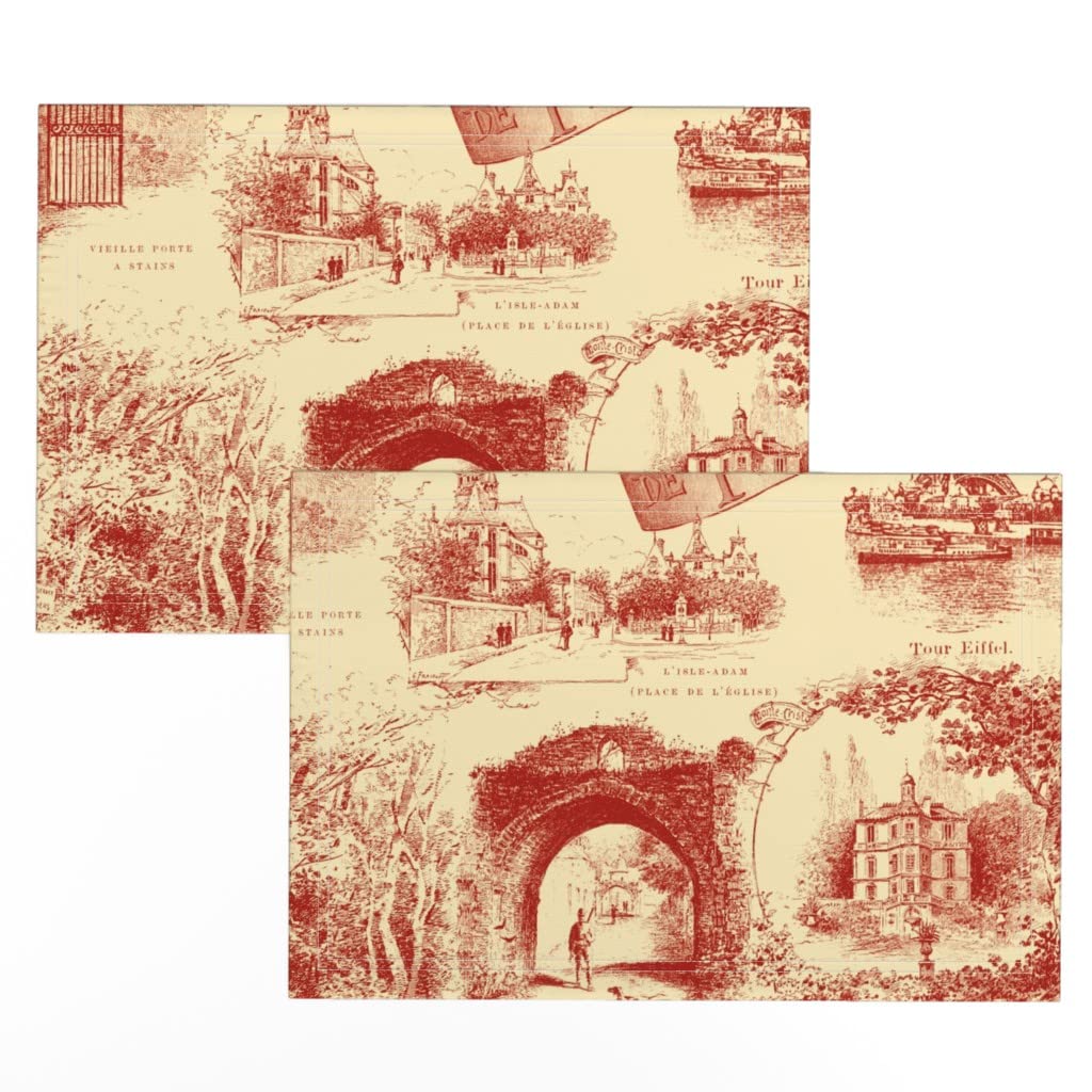 Vintage Paris Toile Printed Linen Cotton Canvas Placemats Set of 2 - Turkey Red Cream Yellow French Country Style Table Mats for Dining Room Decor & Kitchen Table Setting